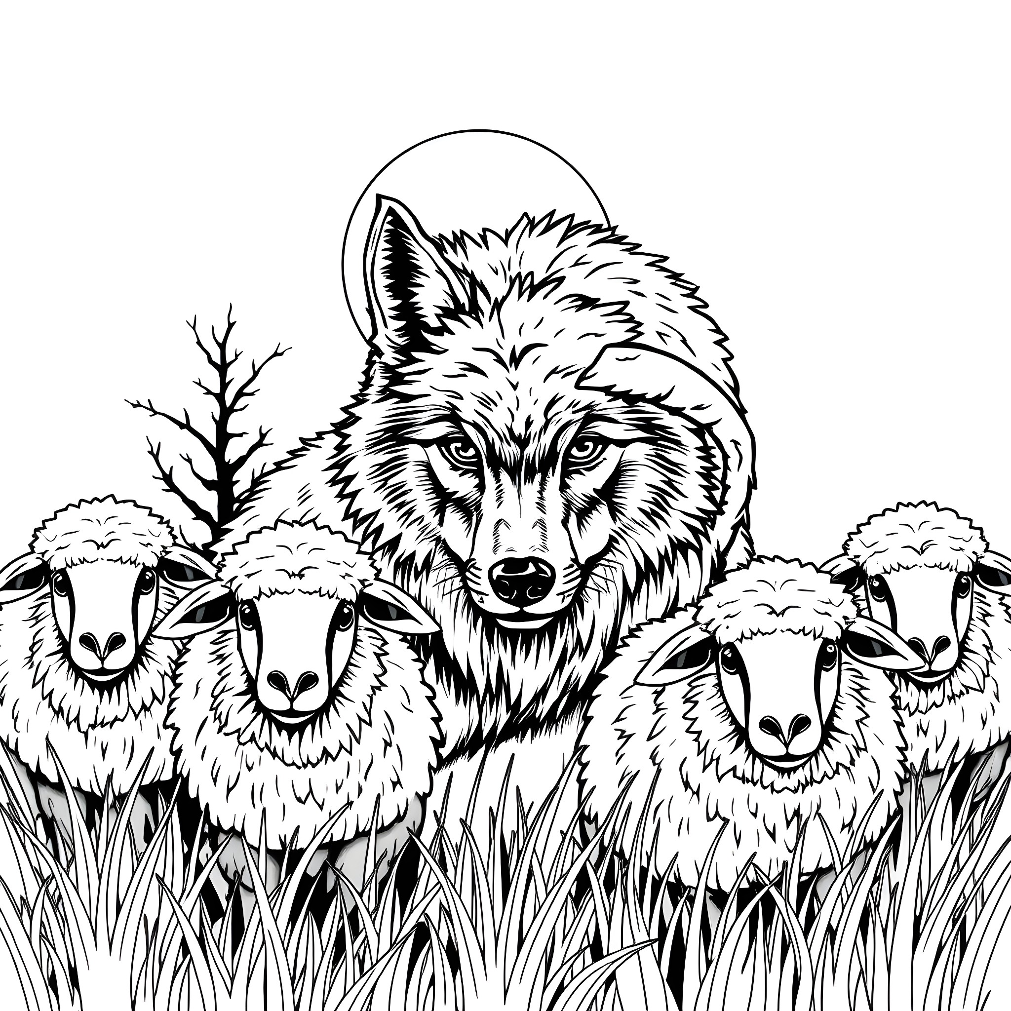Wolf stalking sheep in the wilderness Coloring Page (free black-and-white line drawing printable PDF for all, from beginners to advanced learners, including children, teens, adults, and seniors)