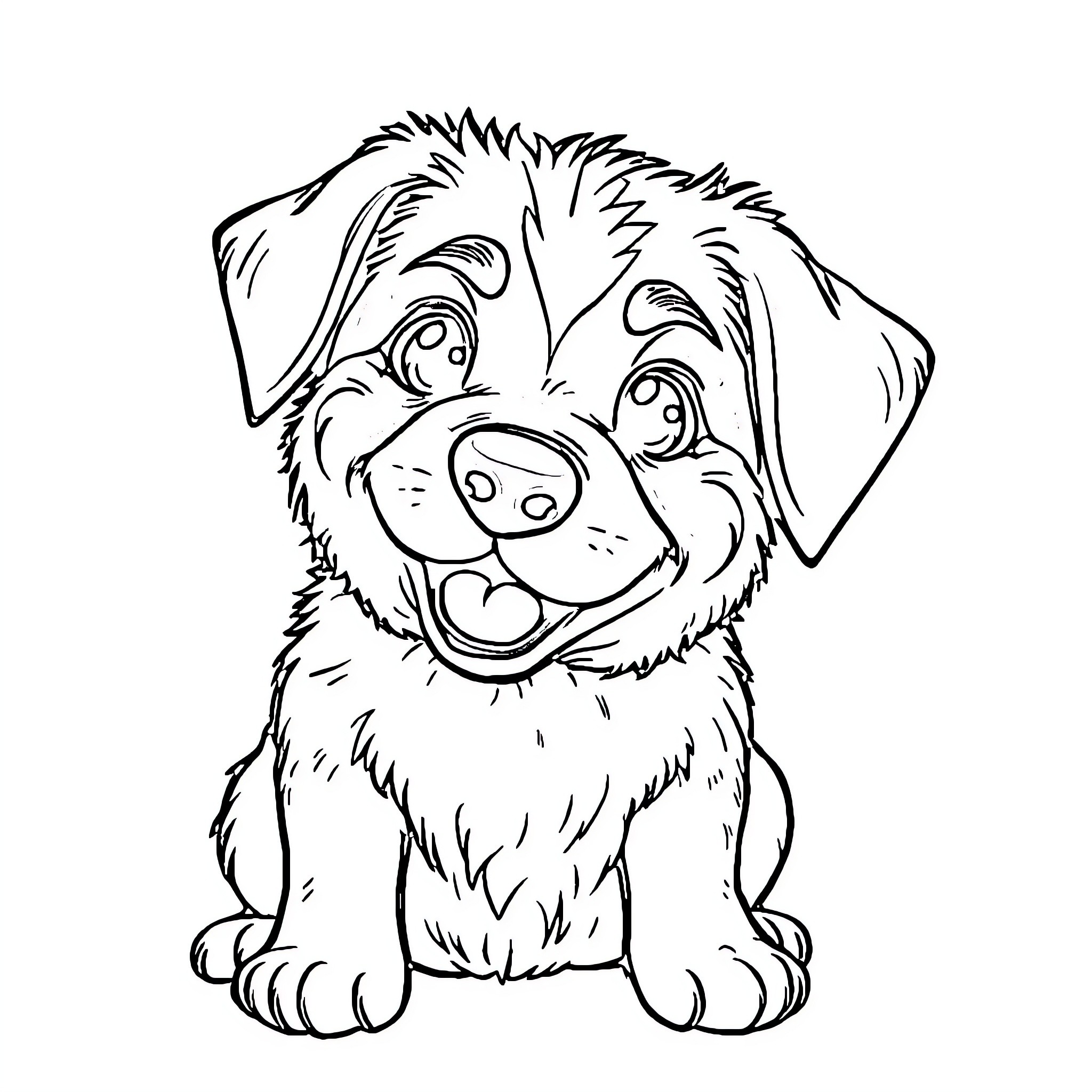 Dog sitting happily with playful expression Coloring Page (free black-and-white line drawing printable PDF for all, from beginners to advanced learners, including children, teens, adults, and seniors)