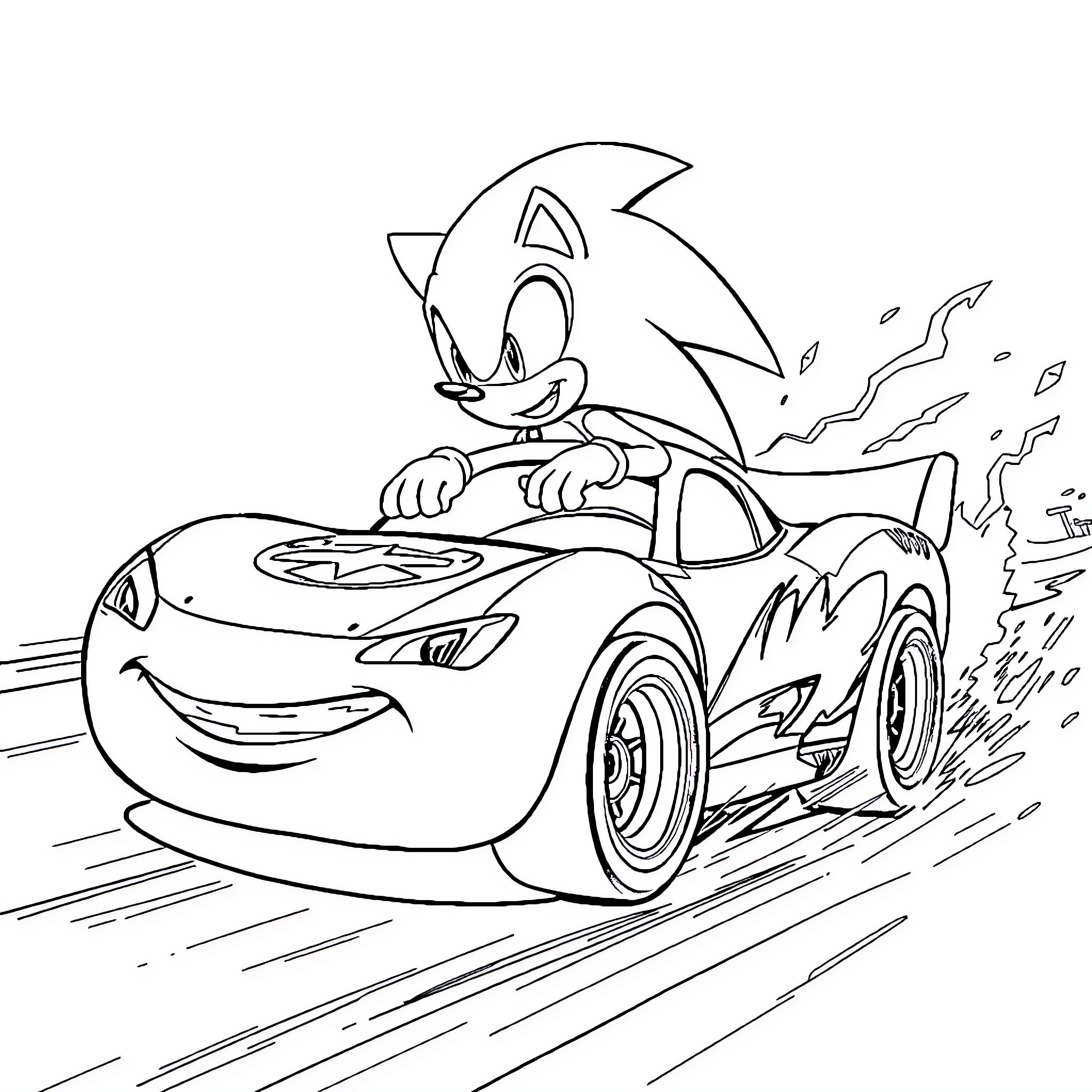 Sonic racing his speedy car on the track Coloring Page (free black-and-white line drawing printable PDF for all, from beginners to advanced learners, including children, teens, adults, and seniors)