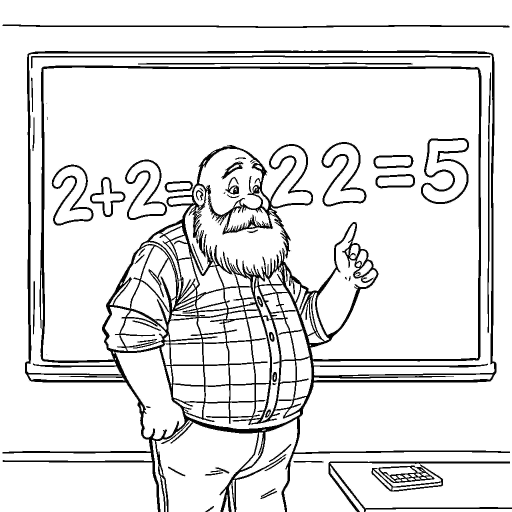 Teacher solving math problem on chalkboard Coloring Page (free black-and-white line drawing printable PDF for all, from beginners to advanced learners, including children, teens, adults, and seniors)