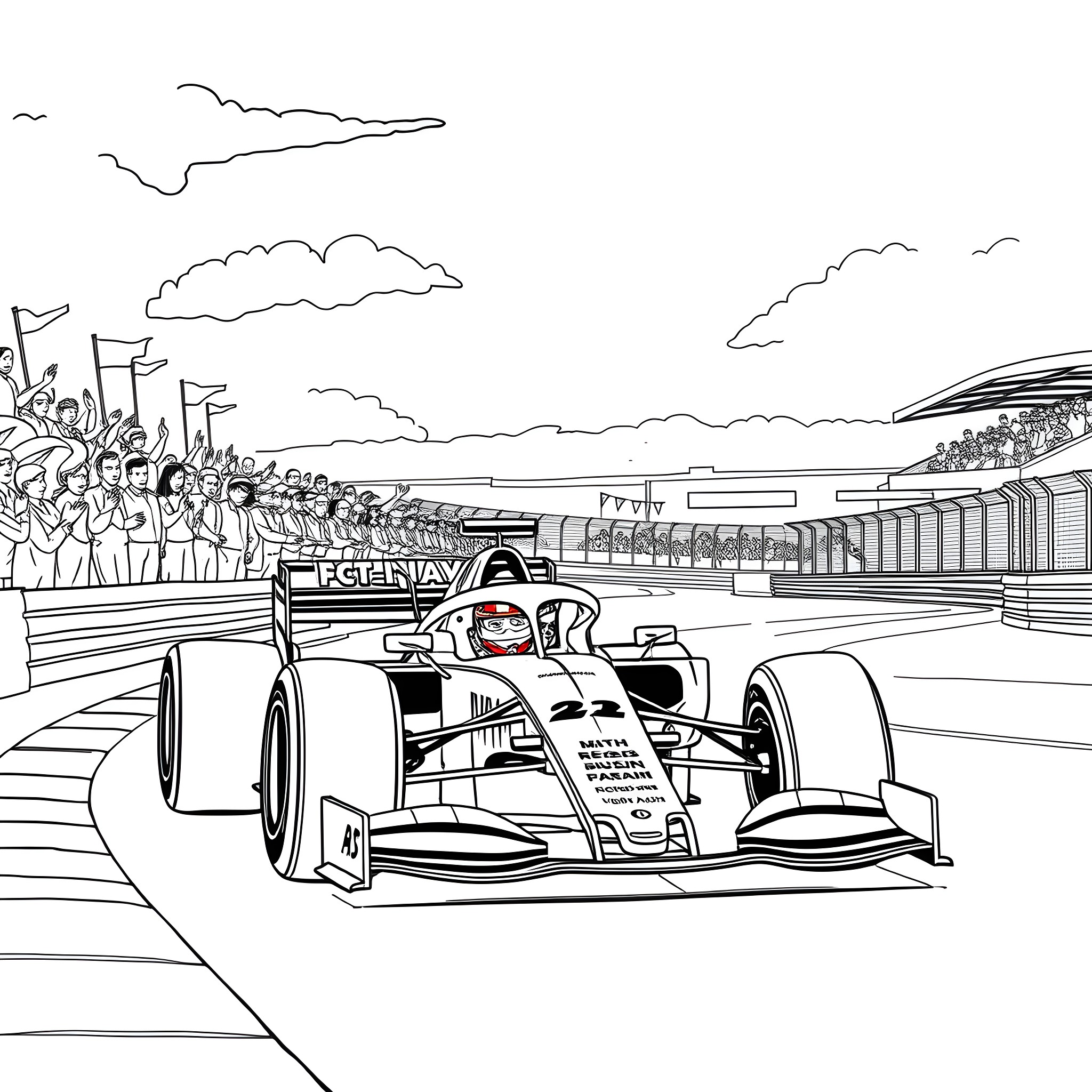 Max Verstappen racing on the circuit Coloring Page (free black-and-white line drawing printable PDF for all, from beginners to advanced learners, including children, teens, adults, and seniors)