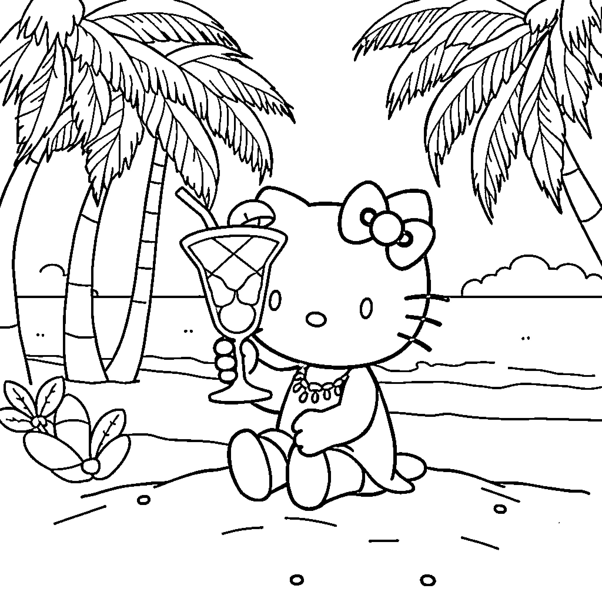 Hello Kitty enjoying a tropical beach scene Coloring Page (free black-and-white line drawing printable PDF for all, from beginners to advanced learners, including children, teens, adults, and seniors)