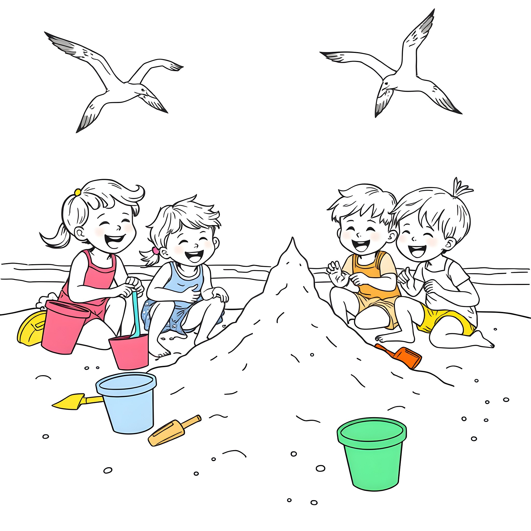 Children playing happily on the beach Coloring Page (free black-and-white line drawing printable PDF for all, from beginners to advanced learners, including children, teens, adults, and seniors)