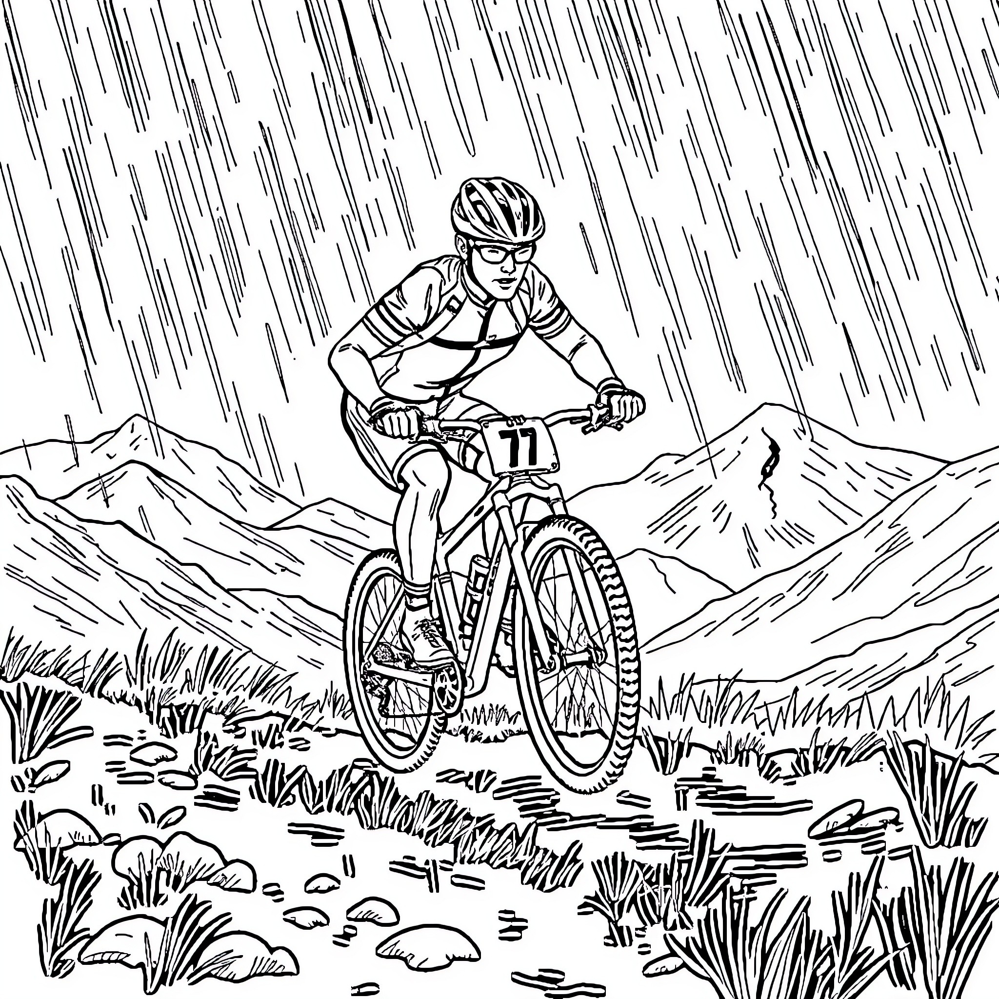 MTB Biker Navigating Challenging Terrain on Mountain Bike Coloring Page (free black-and-white line drawing printable PDF for all, from beginners to advanced learners, including children, teens, adults, and seniors)