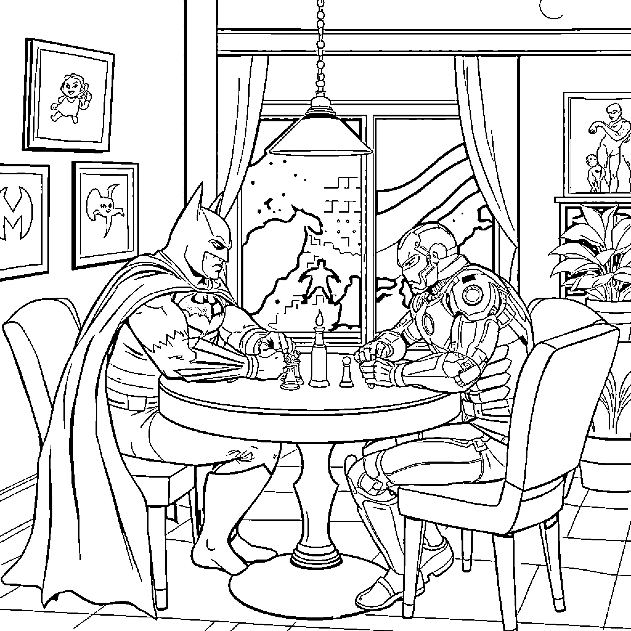 Batman Hosting a Game Night with a Superhero Friend Coloring Page (free black-and-white line drawing printable PDF for all, from beginners to advanced learners, including children, teens, adults, and seniors)