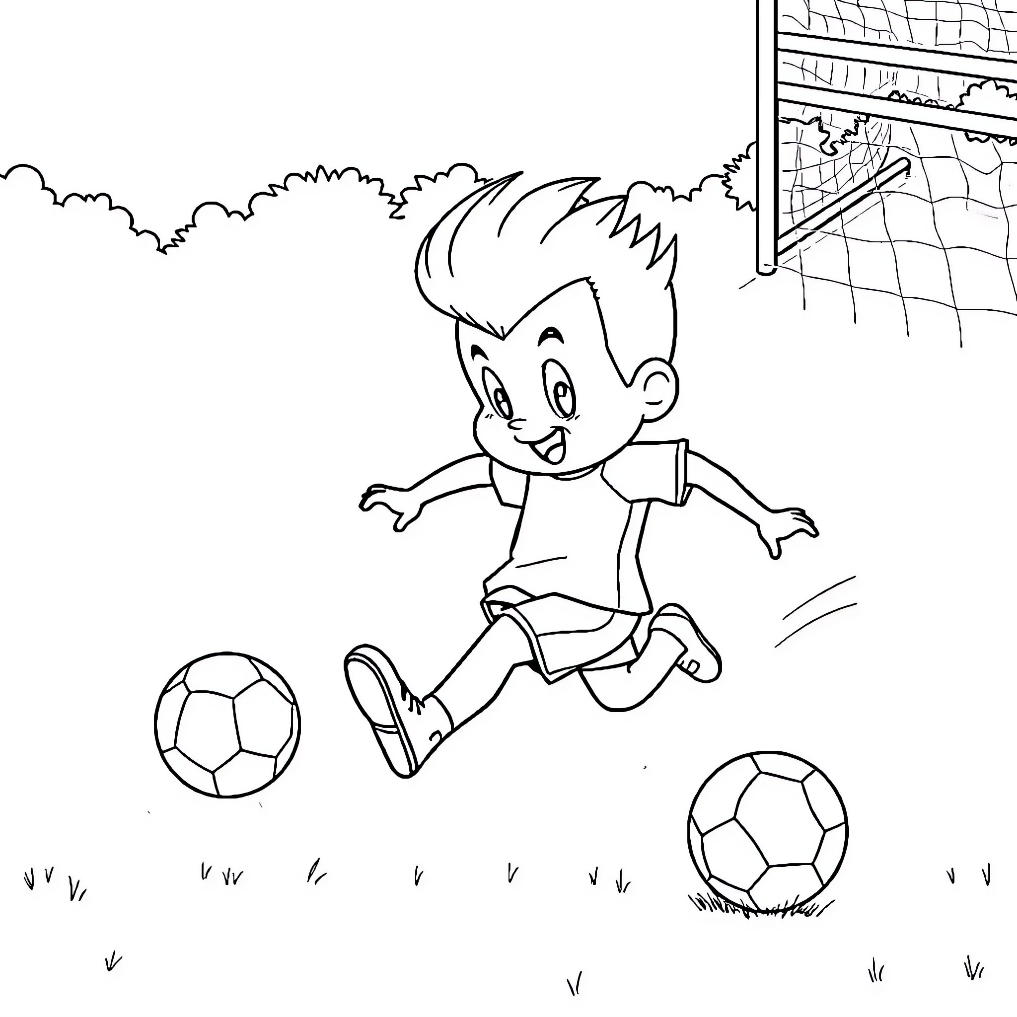 Sprunki playing soccer on a grassy field Coloring Page (free black-and-white line drawing printable PDF for all, from beginners to advanced learners, including children, teens, adults, and seniors)