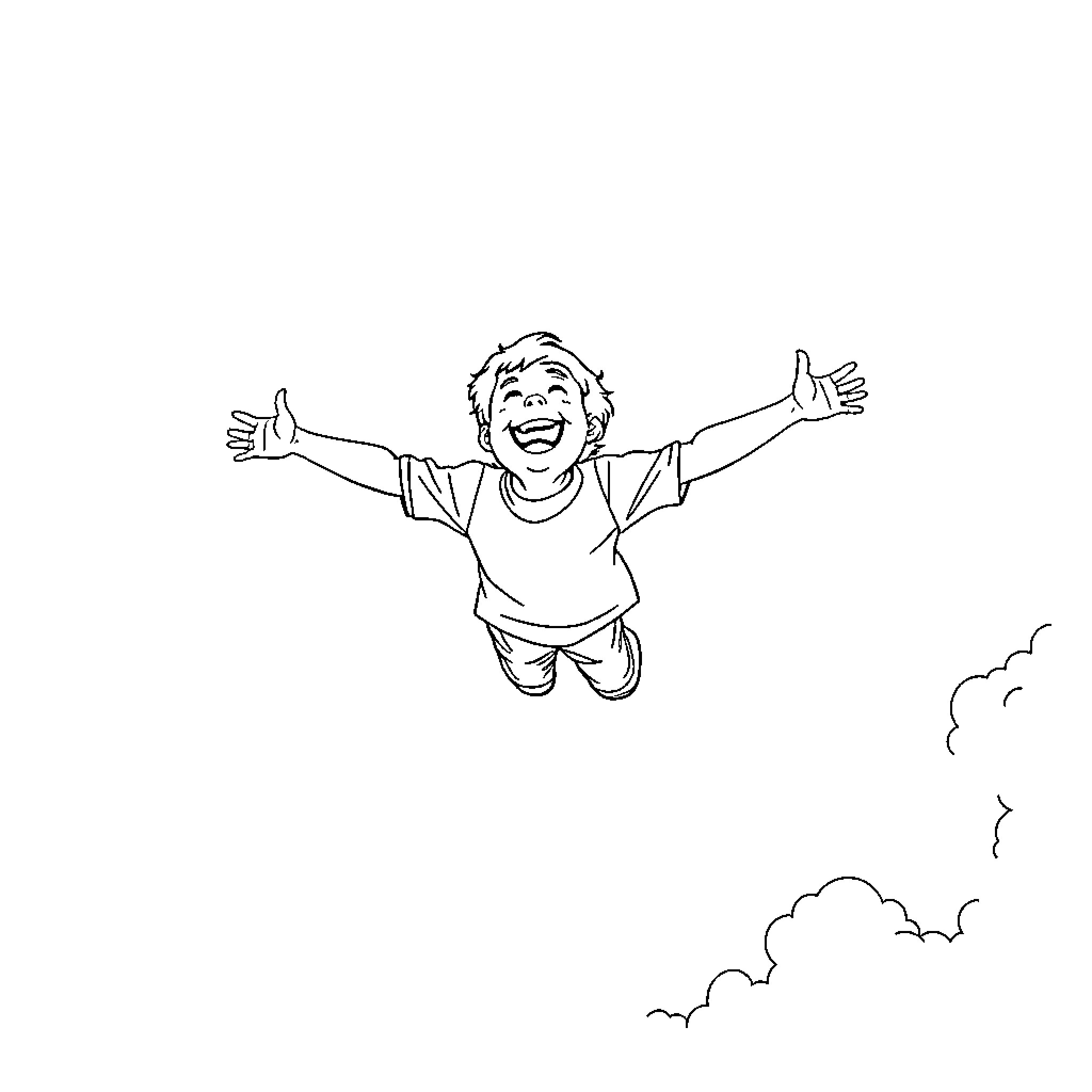 Boy joyfully leaping with arms outstretched Coloring Page (free black-and-white line drawing printable PDF for all, from beginners to advanced learners, including children, teens, adults, and seniors)
