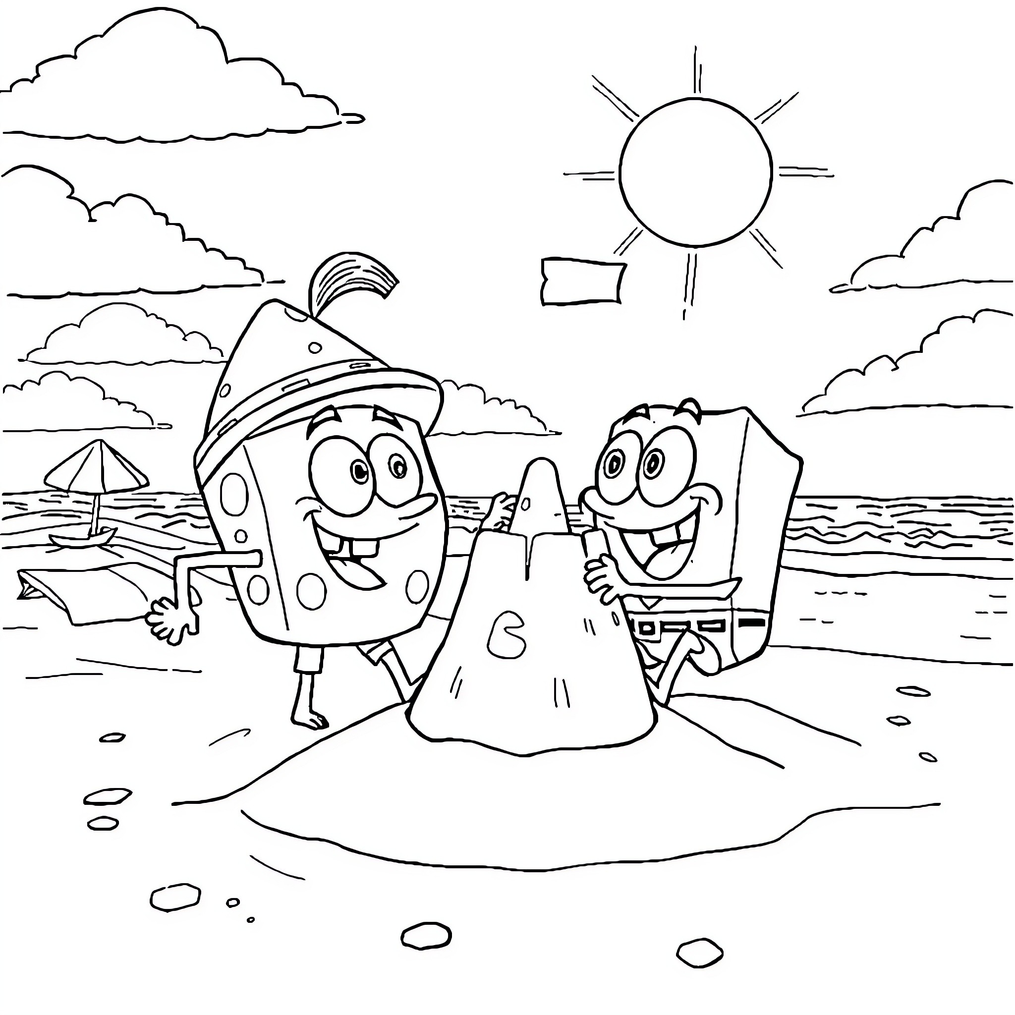 Bob esponja builds a sandcastle with Patrick on the beach Coloring Page (free black-and-white line drawing printable PDF for all, from beginners to advanced learners, including children, teens, adults, and seniors)