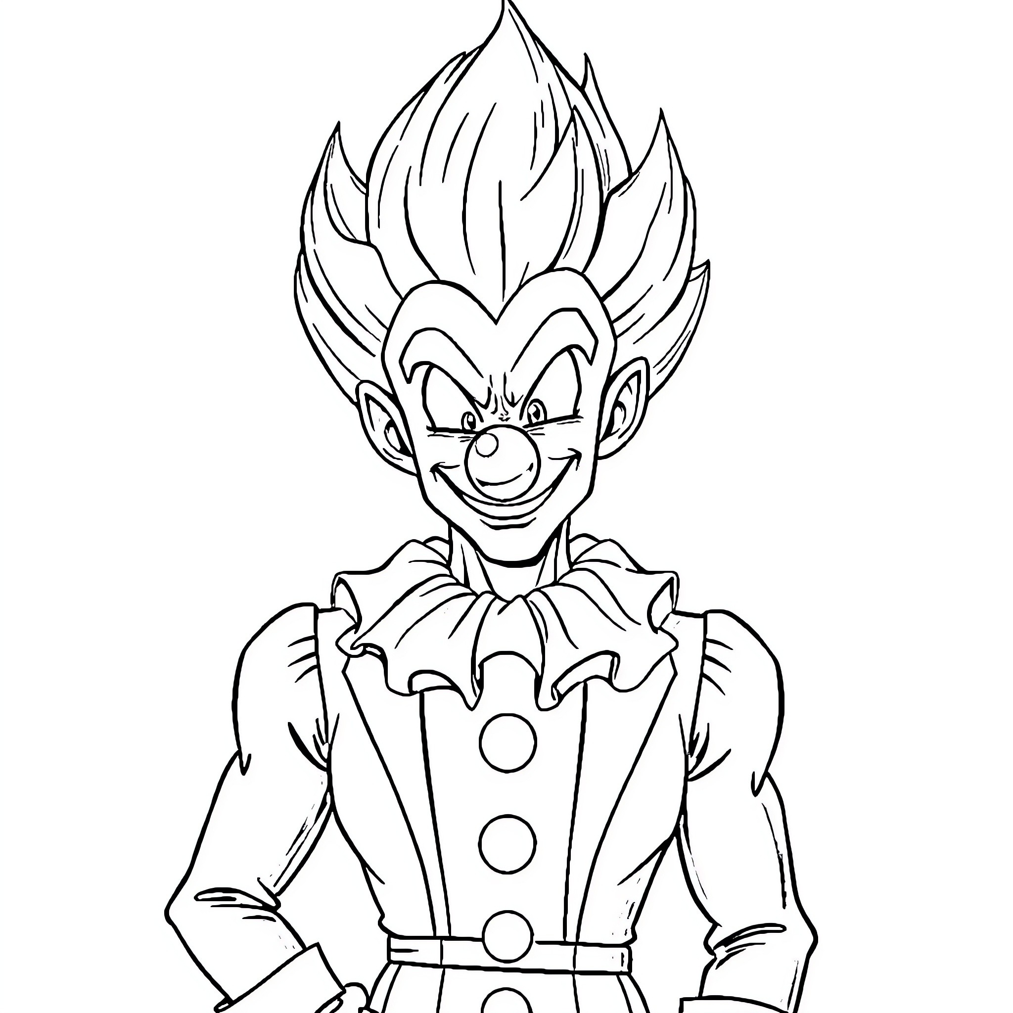 Vegeta as a Clown with Intense Expression Coloring Page (free black-and-white line drawing printable PDF for all, from beginners to advanced learners, including children, teens, adults, and seniors)