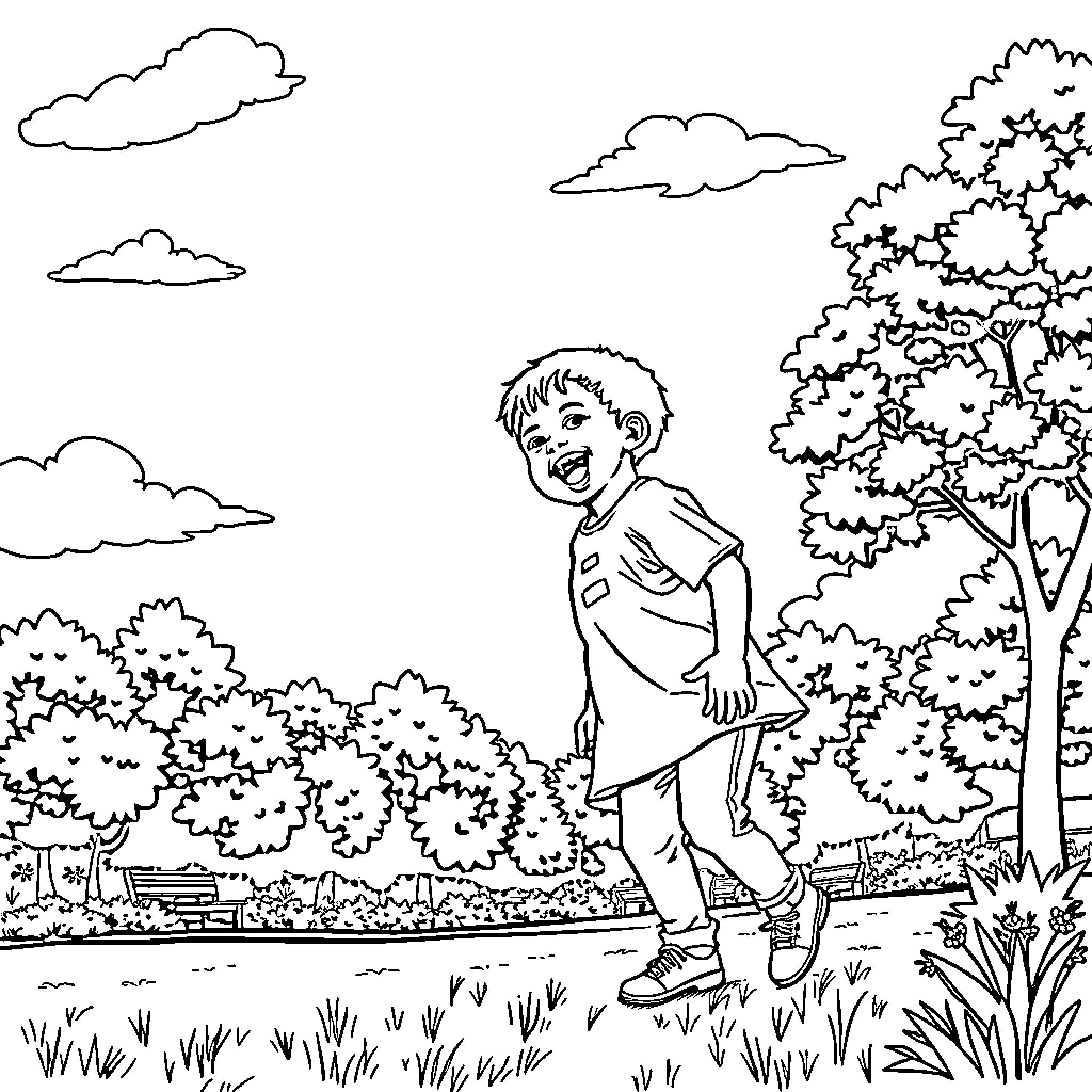 Michael Jackson dancing joyfully in a scenic park Coloring Page (free black-and-white line drawing printable PDF for all, from beginners to advanced learners, including children, teens, adults, and seniors)