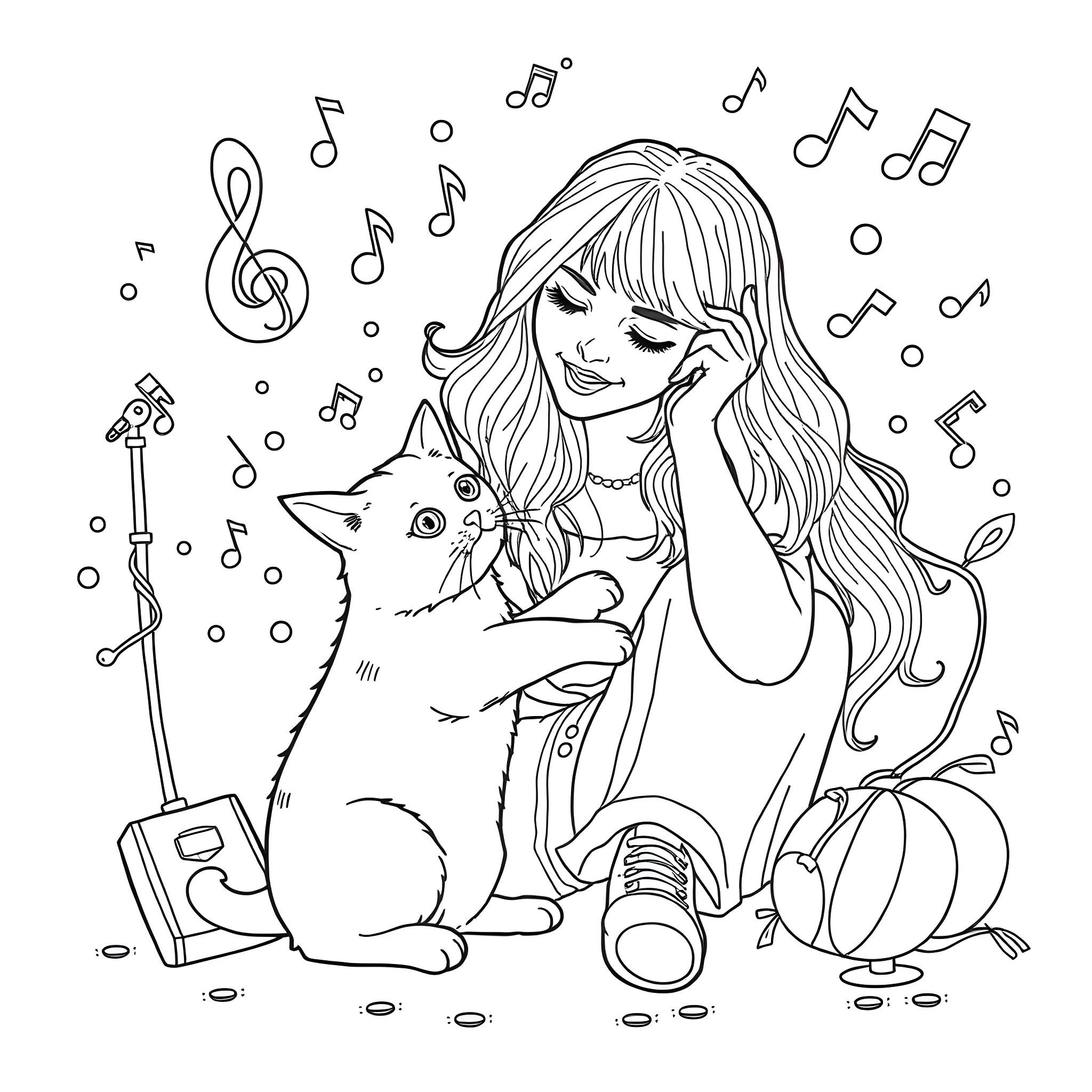 Billie Eilish Enjoying Music with Her Cat Coloring Page (free black-and-white line drawing printable PDF for all, from beginners to advanced learners, including children, teens, adults, and seniors)