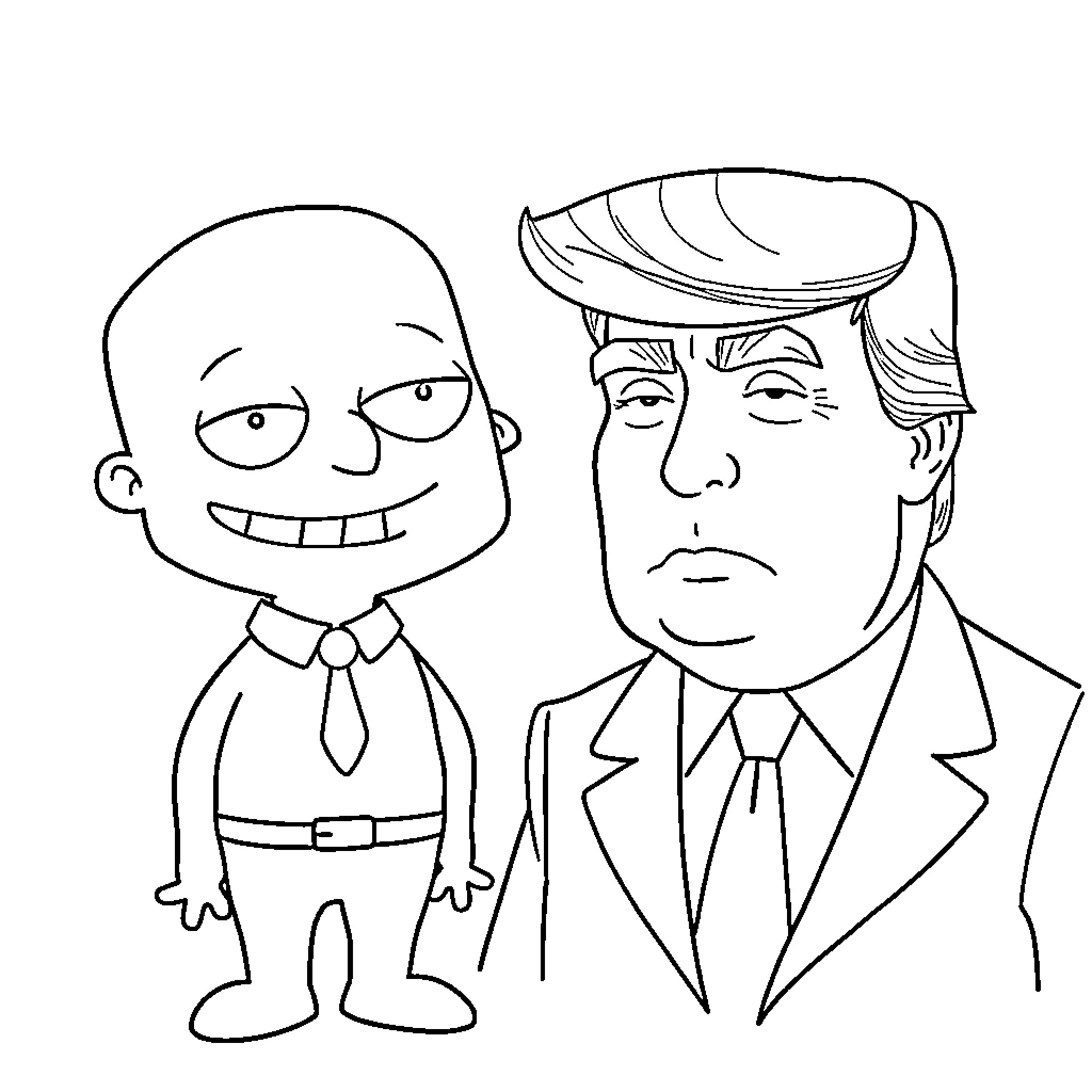 Stewie Griffin and Donald Trump in cartoon style Coloring Page (free black-and-white line drawing printable PDF for all, from beginners to advanced learners, including children, teens, adults, and seniors)