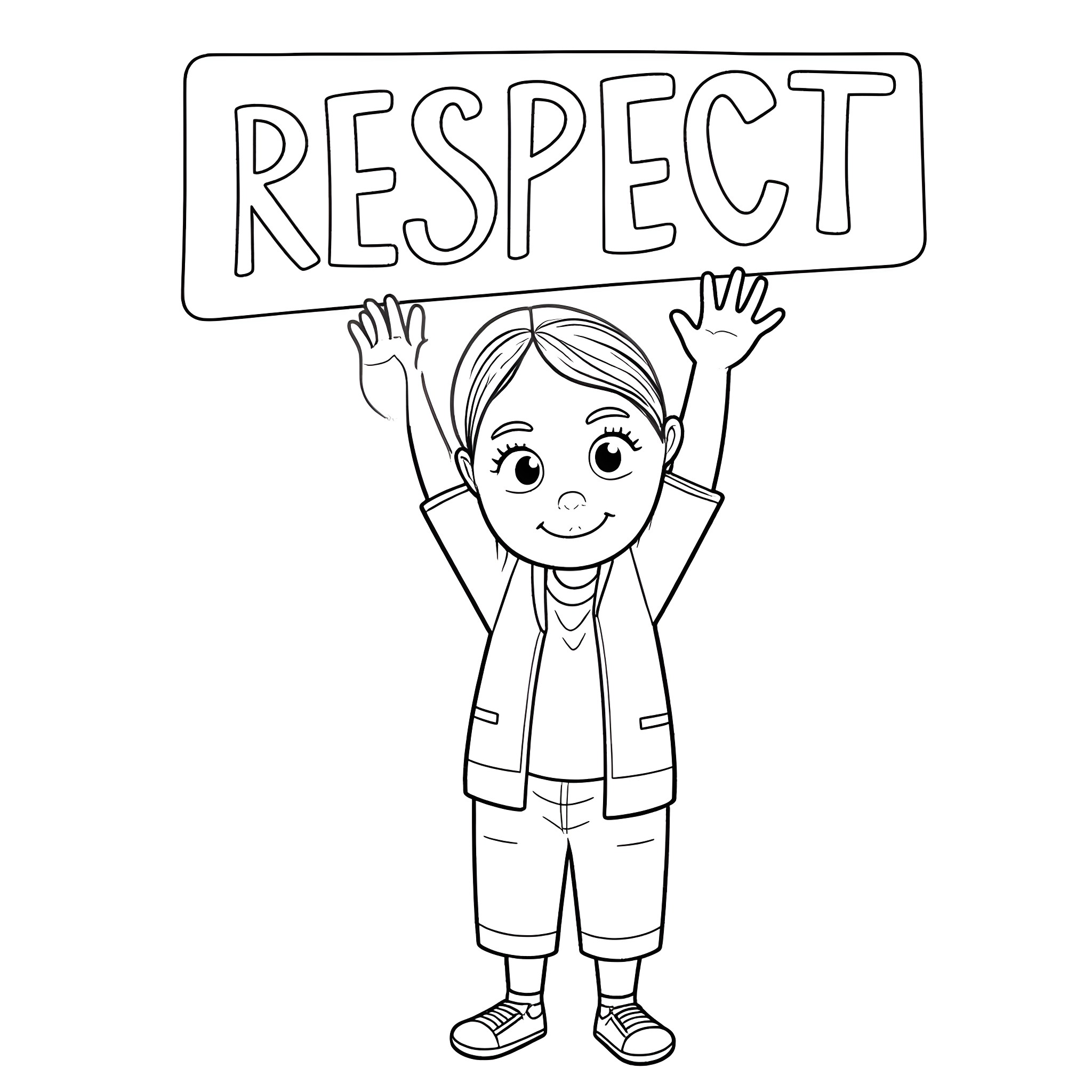 Principal Holding a Respect Sign with Positive Gesture Coloring Page (free black-and-white line drawing printable PDF for all, from beginners to advanced learners, including children, teens, adults, and seniors)