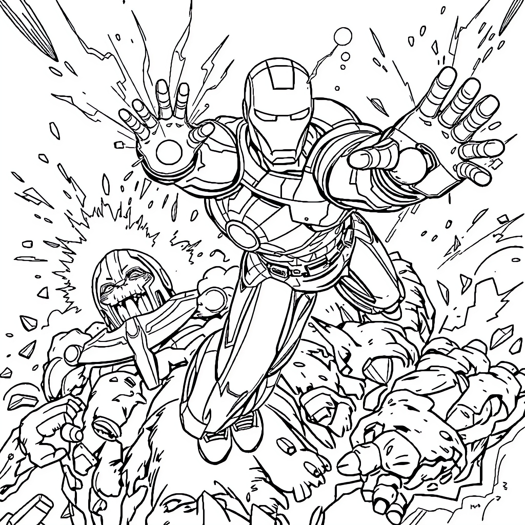 Ironman bursting through debris and obstacles Coloring Page (free black-and-white line drawing printable PDF for all, from beginners to advanced learners, including children, teens, adults, and seniors)