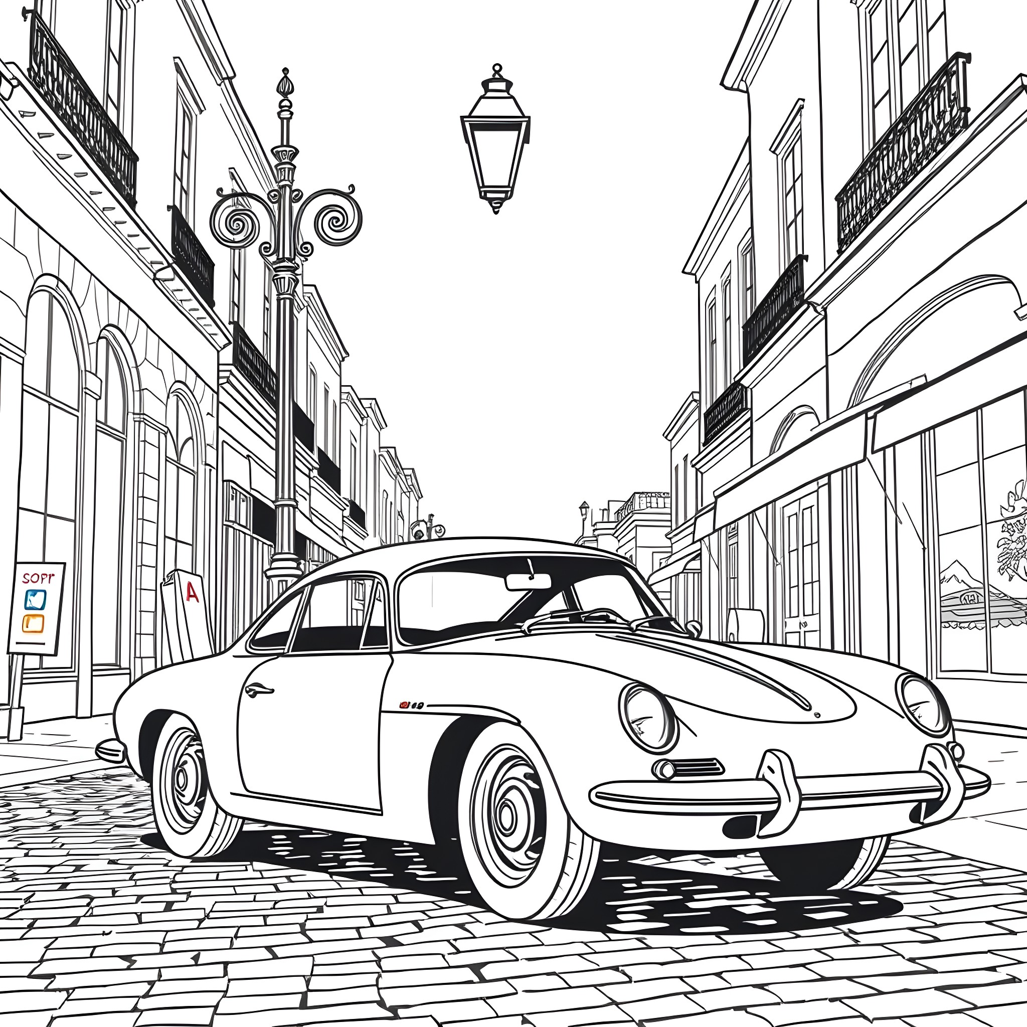 Classic Car Parked on Cobblestone Street Coloring Page (free black-and-white line drawing printable PDF for all, from beginners to advanced learners, including children, teens, adults, and seniors)