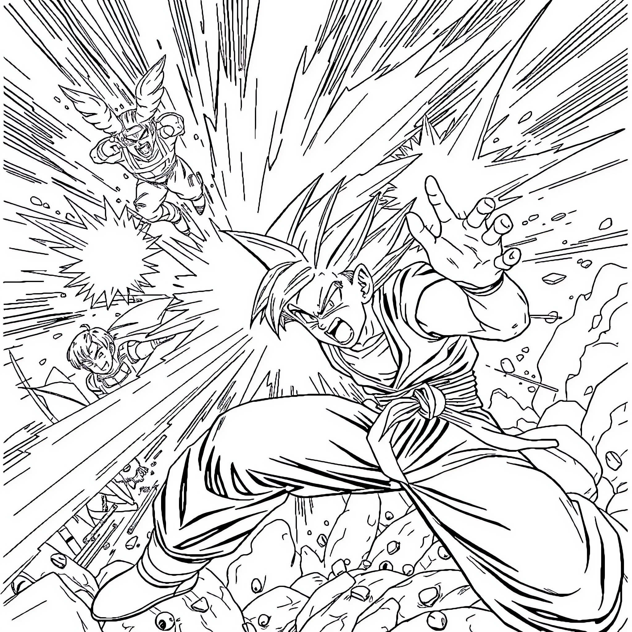 Dragon Ball Z: Intense Battle Scene with Explosive Energy Attacks Coloring Page (free black-and-white line drawing printable PDF for all, from beginners to advanced learners, including children, teens, adults, and seniors)