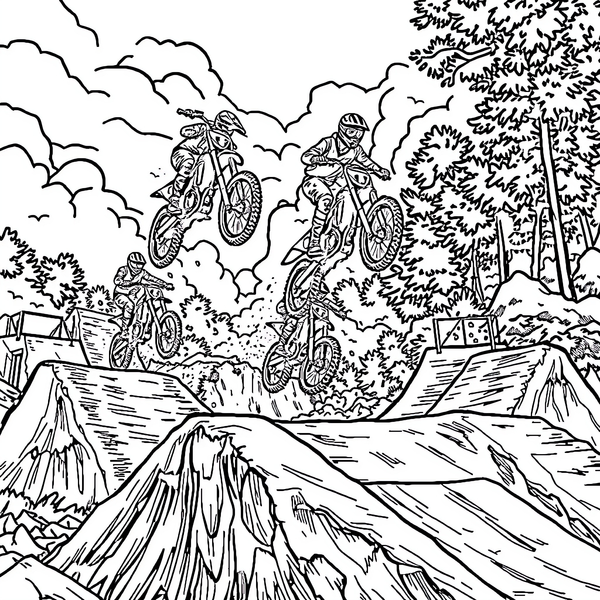 Moto Riders Soaring Over Rugged Terrain Coloring Page (free black-and-white line drawing printable PDF for all, from beginners to advanced learners, including children, teens, adults, and seniors)