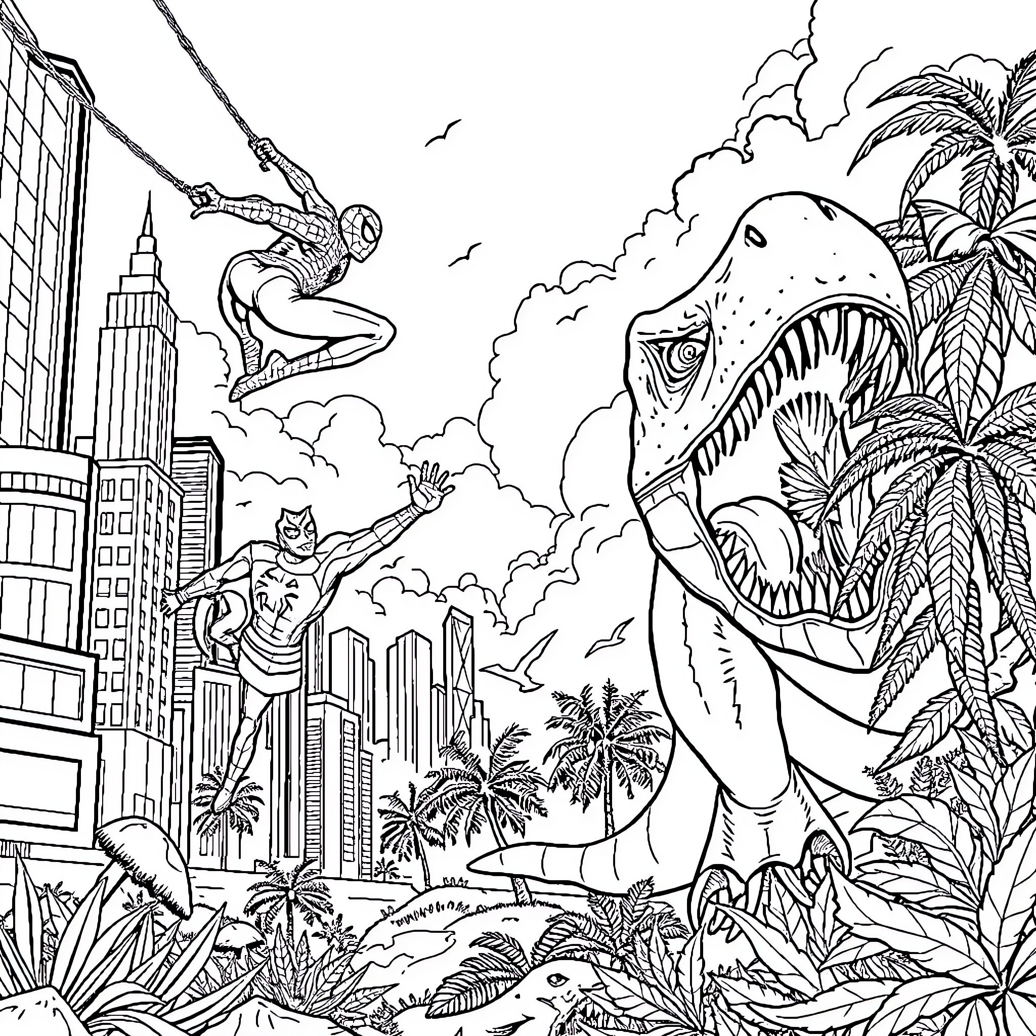 Spiderman's Jungle Adventure with Dinosaur Coloring Page (free black-and-white line drawing printable PDF for all, from beginners to advanced learners, including children, teens, adults, and seniors)