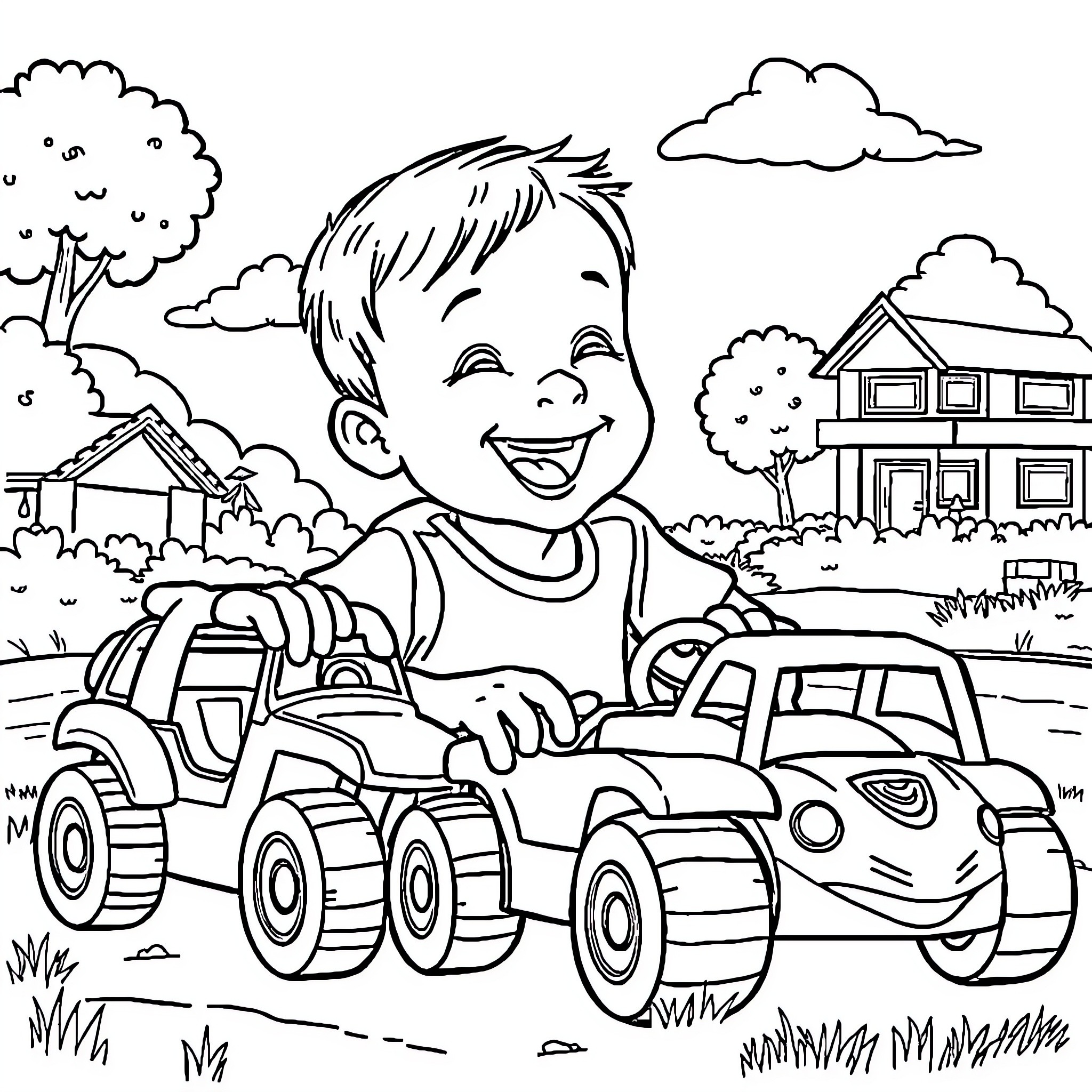 Boy playing happily with toy cars in the park Coloring Page (free black-and-white line drawing printable PDF for all, from beginners to advanced learners, including children, teens, adults, and seniors)