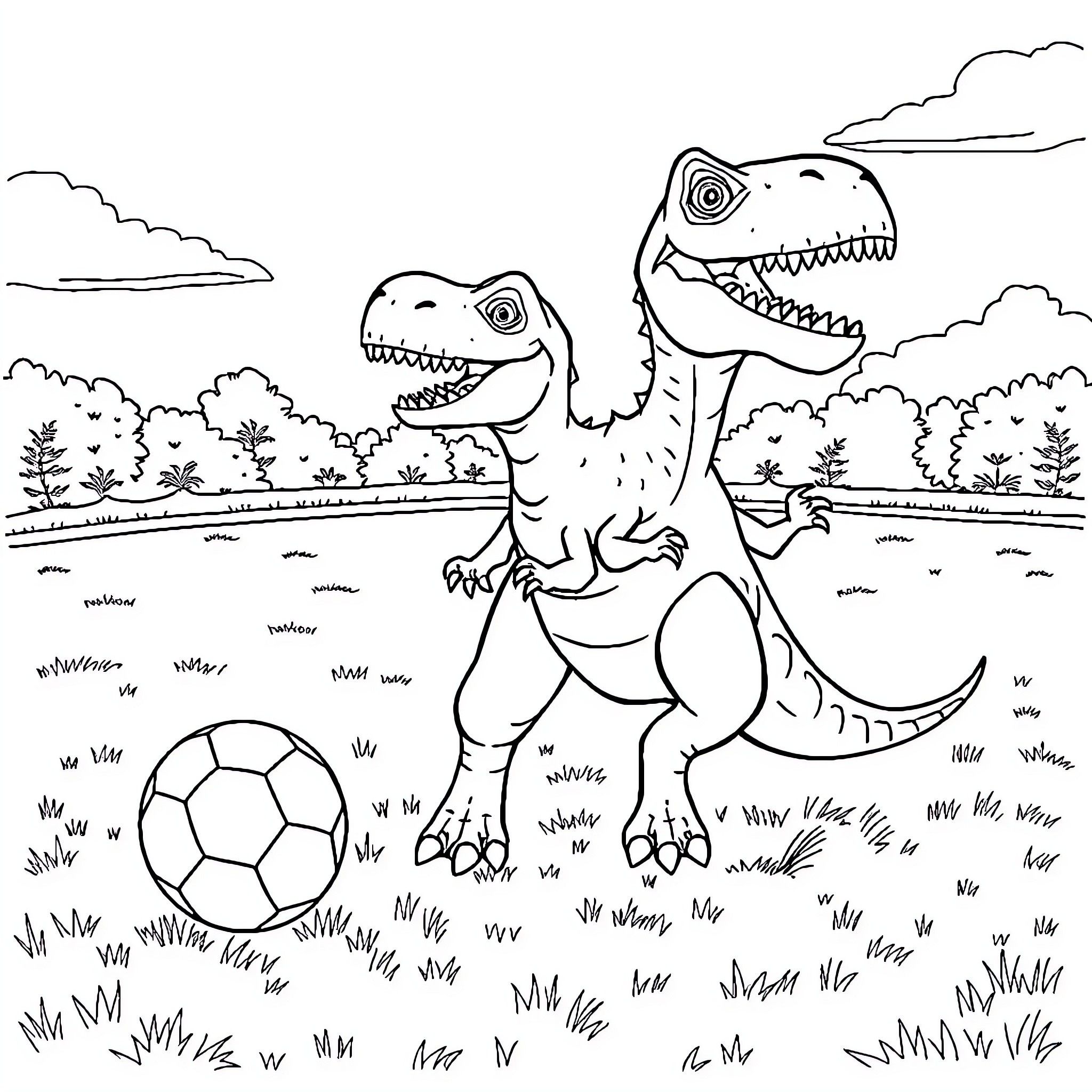 Dinosaurs Playing with Soccer Ball in Nature Coloring Page (free black-and-white line drawing printable PDF for all, from beginners to advanced learners, including children, teens, adults, and seniors)