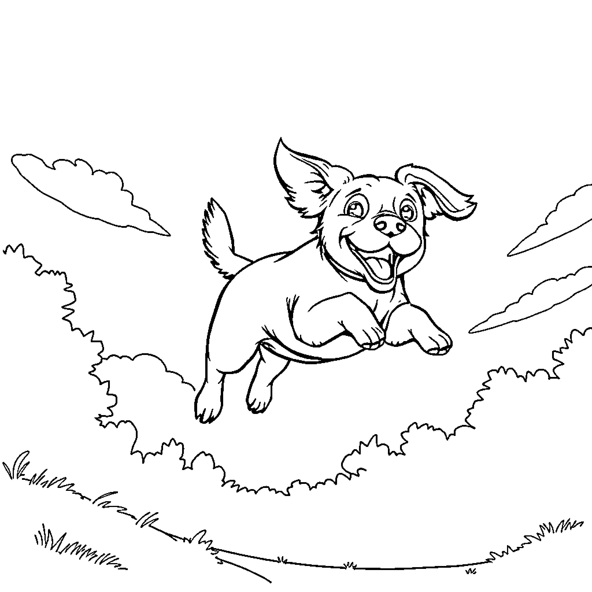 Flying Dog Jumping with Joy in Outdoor Scene Coloring Page (free black-and-white line drawing printable PDF for all, from beginners to advanced learners, including children, teens, adults, and seniors)