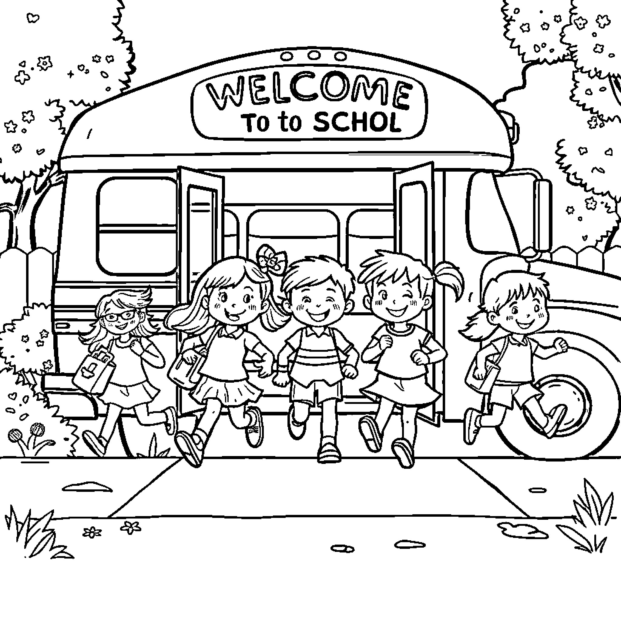 Children Happily Boarding School Bus Coloring Page (free black-and-white line drawing printable PDF for all, from beginners to advanced learners, including children, teens, adults, and seniors)