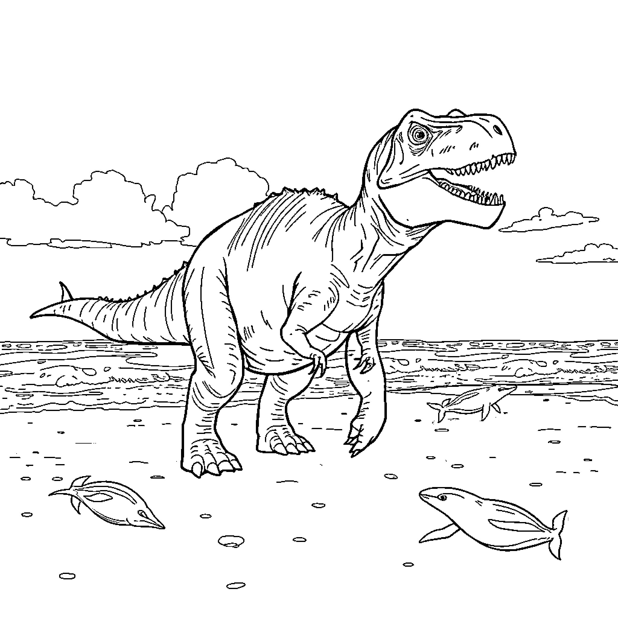 Dinosaur roaring near prehistoric sea creatures Coloring Page (free black-and-white line drawing printable PDF for all, from beginners to advanced learners, including children, teens, adults, and seniors)