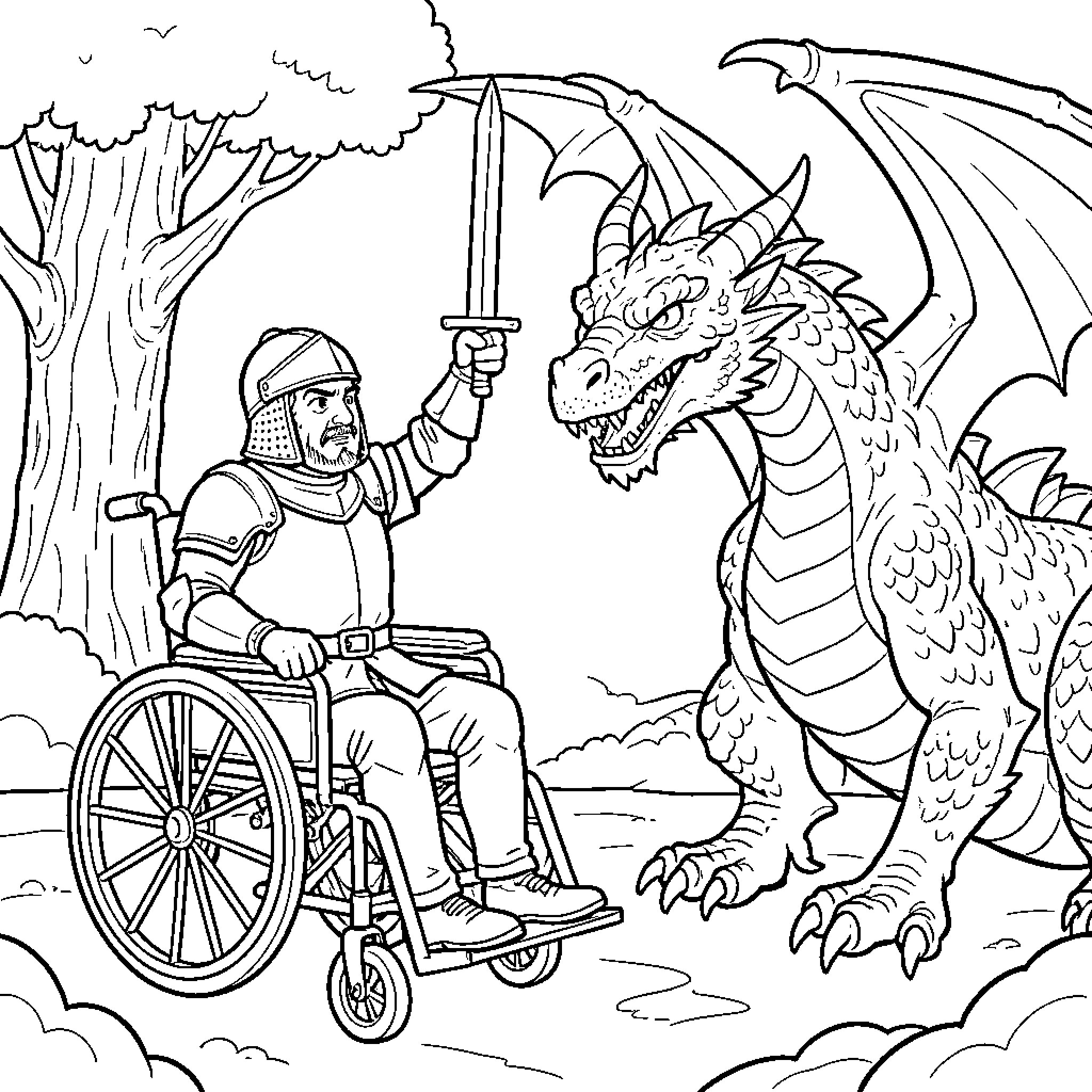 Knight in a wheelchair facing a dragon Coloring Page (free black-and-white line drawing printable PDF for all, from beginners to advanced learners, including children, teens, adults, and seniors)