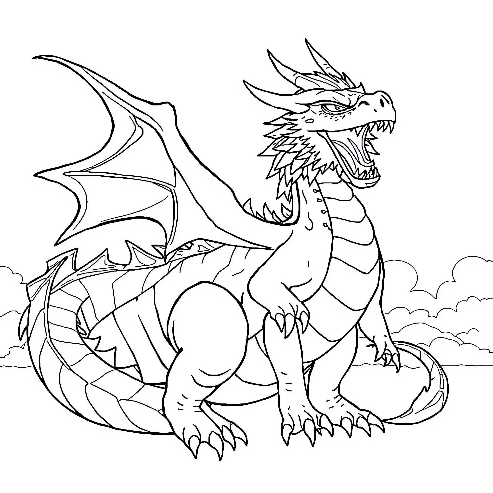Dragon Soaring Fiercely in the Clouds Coloring Page (free black-and-white line drawing printable PDF for all, from beginners to advanced learners, including children, teens, adults, and seniors)