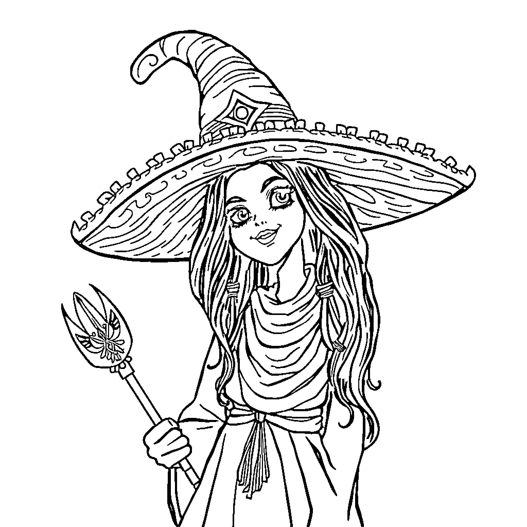 Witch with a Whimsical Wand and Wares Coloring Page (free black-and-white line drawing printable PDF for all, from beginners to advanced learners, including children, teens, adults, and seniors)