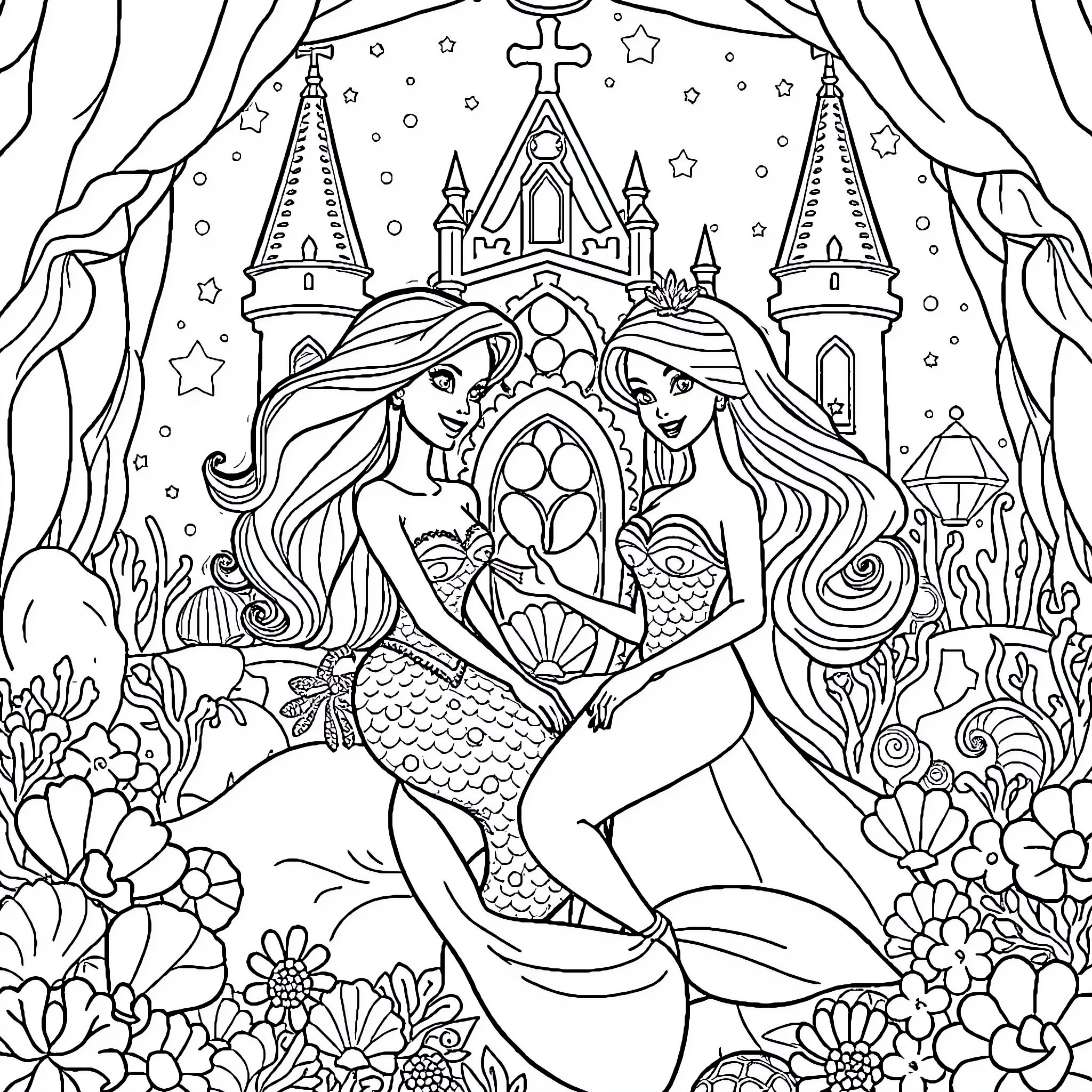 Raiponce: Mermaids in Enchanted Underwater Castle Coloring Page (free black-and-white line drawing printable PDF for all, from beginners to advanced learners, including children, teens, adults, and seniors)
