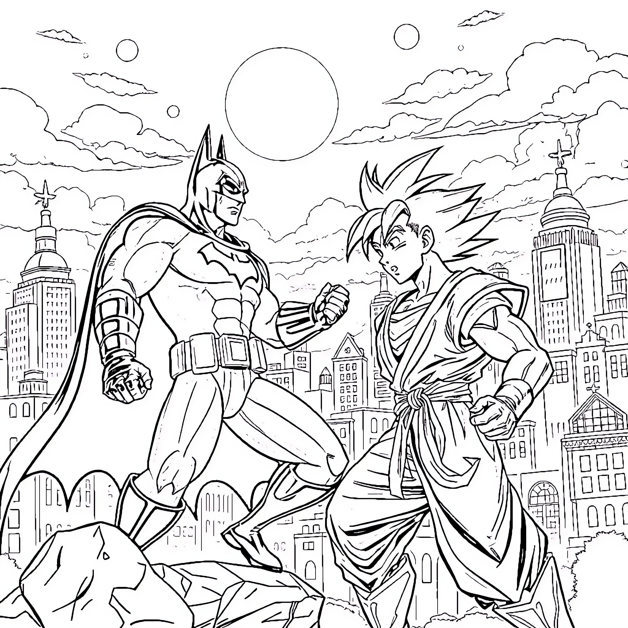 Batman and Dragon Ball Z hero battle in the city Coloring Page (free black-and-white line drawing printable PDF for all, from beginners to advanced learners, including children, teens, adults, and seniors)