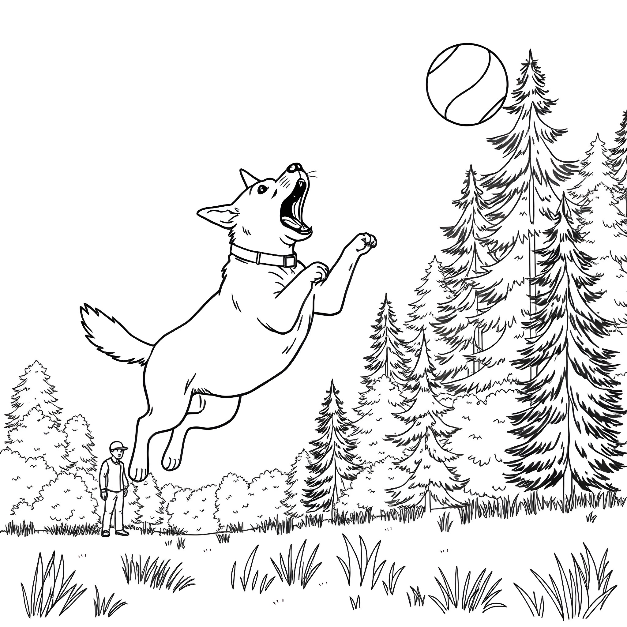 Dog jumping playfully in the forest Coloring Page (free black-and-white line drawing printable PDF for all, from beginners to advanced learners, including children, teens, adults, and seniors)
