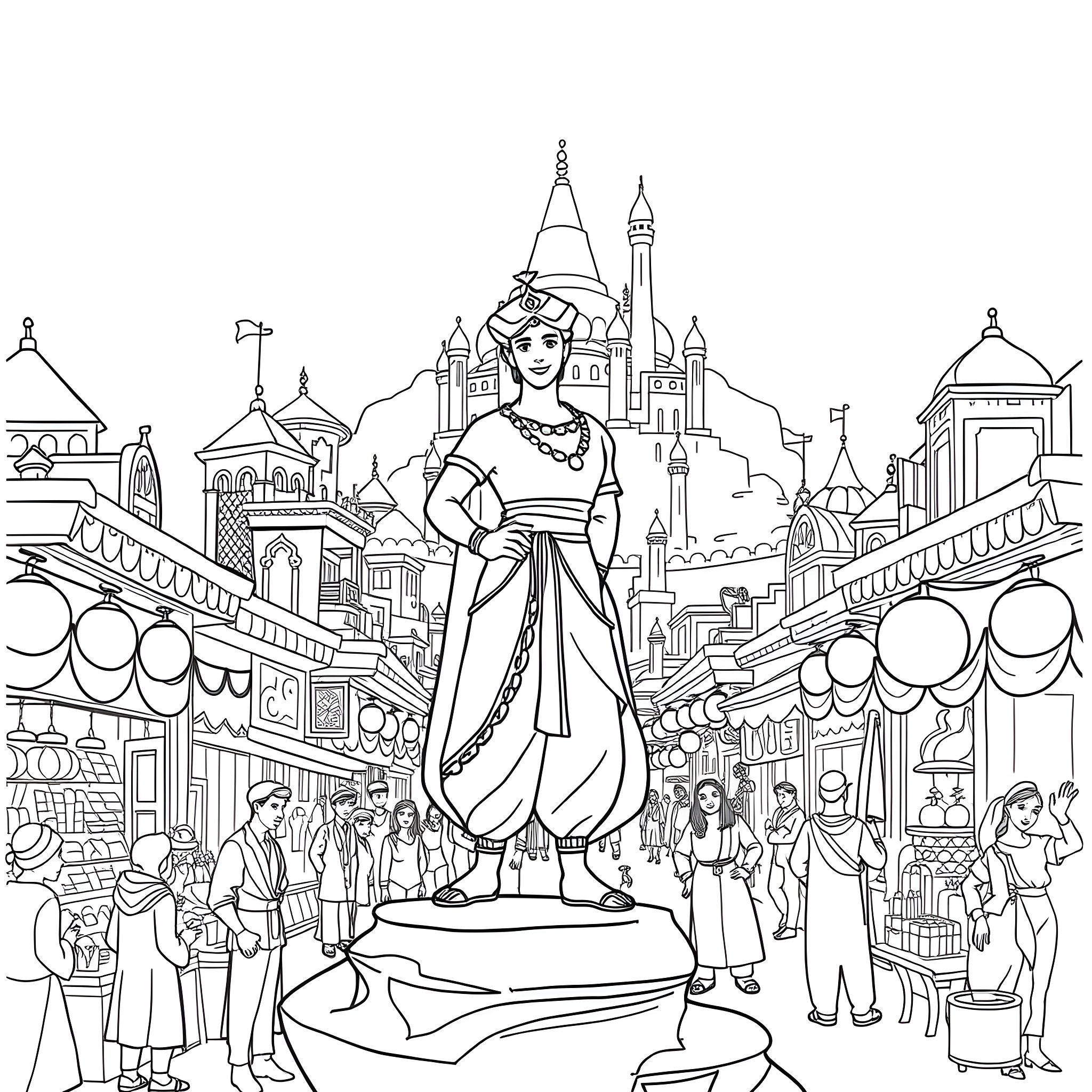 Aladdin exploring the vibrant and bustling city Coloring Page (free black-and-white line drawing printable PDF for all, from beginners to advanced learners, including children, teens, adults, and seniors)