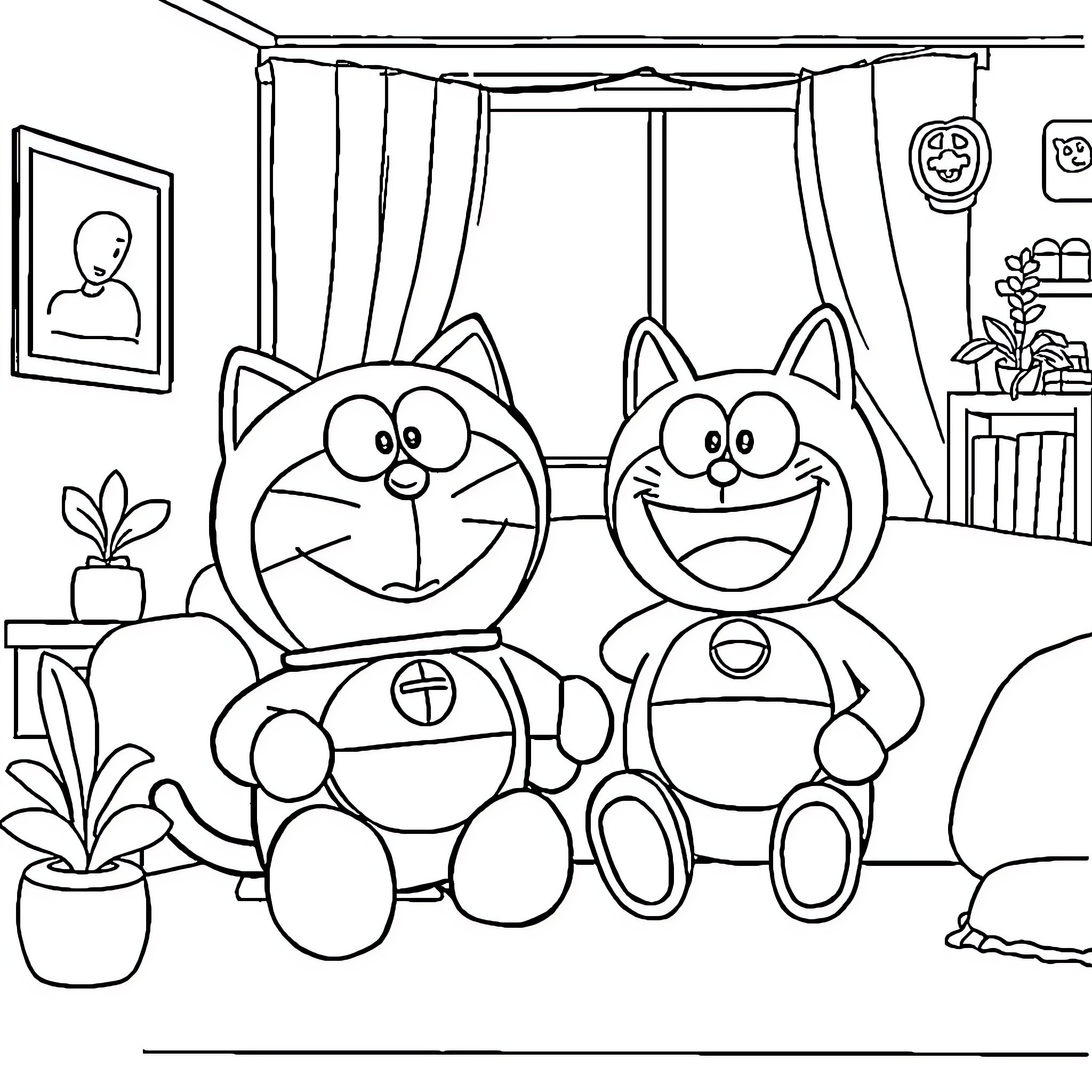 Doraemon and Nobita Enjoying Playtime at Home Coloring Page (free black-and-white line drawing printable PDF for all, from beginners to advanced learners, including children, teens, adults, and seniors)