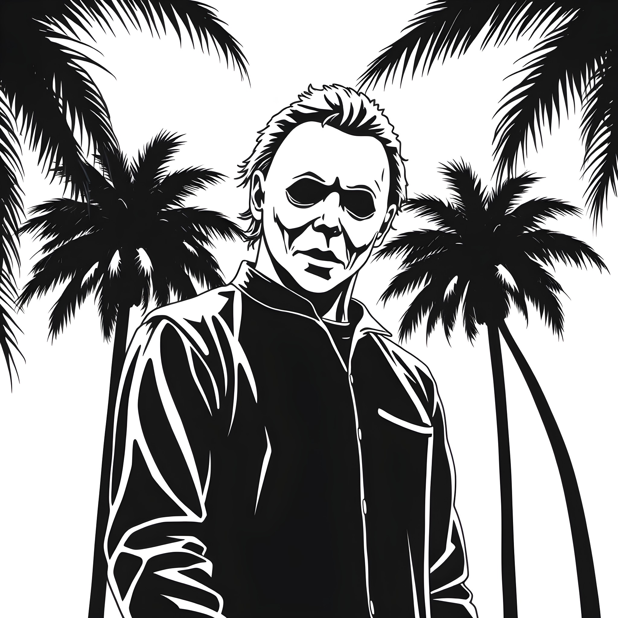 Michael Myers in a Tropical Scene Coloring Page (free black-and-white line drawing printable PDF for all, from beginners to advanced learners, including children, teens, adults, and seniors)