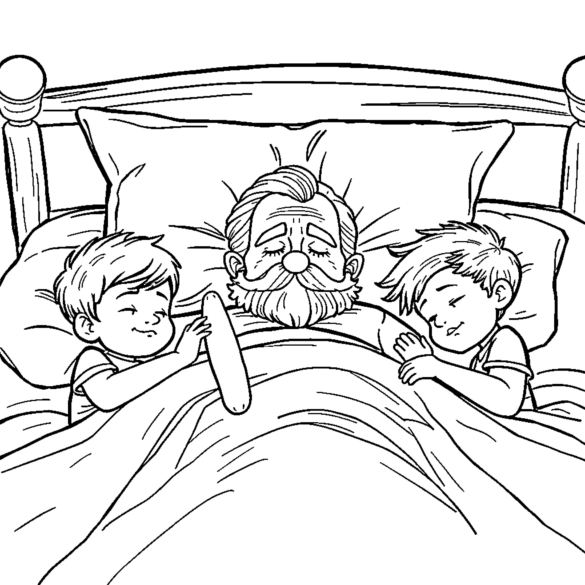 Grandfather Telling Bedtime Stories to Grandchildren Coloring Page (free black-and-white line drawing printable PDF for all, from beginners to advanced learners, including children, teens, adults, and seniors)