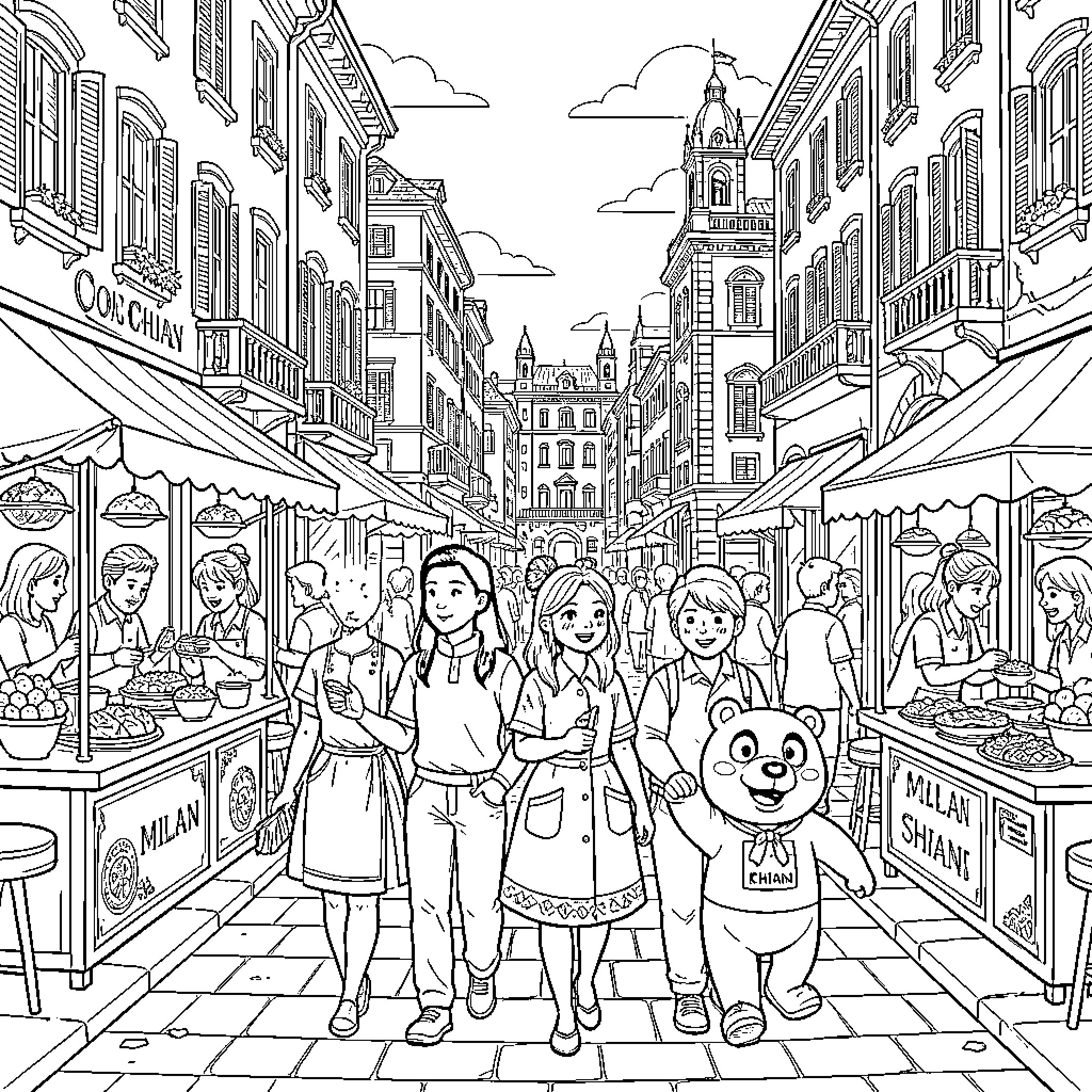 Milan Marketplace: People and Shops in a Lively Street Scene Coloring Page (free black-and-white line drawing printable PDF for all, from beginners to advanced learners, including children, teens, adults, and seniors)
