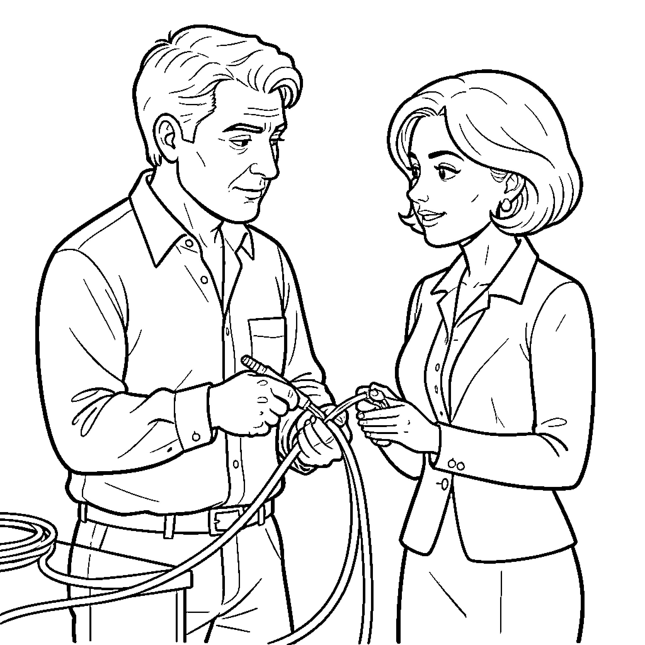 Rumanian couple in professional interaction Coloring Page (free black-and-white line drawing printable PDF for all, from beginners to advanced learners, including children, teens, adults, and seniors)