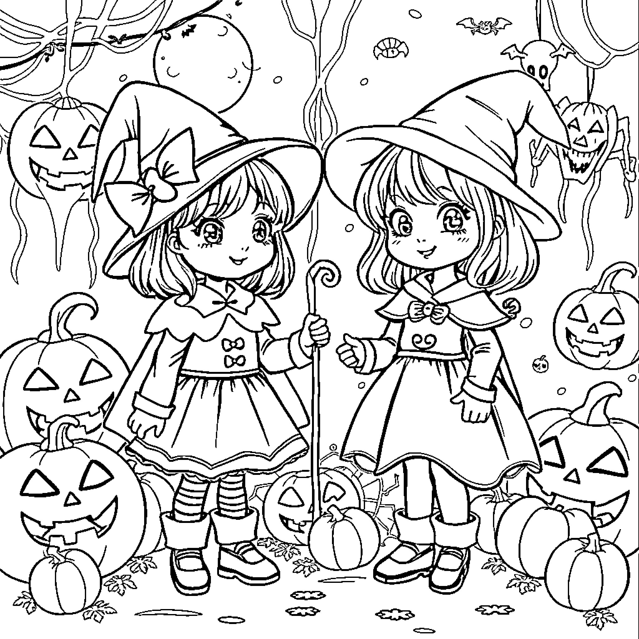 Girls dressed as witches on Halloween Coloring Page (free black-and-white line drawing printable PDF for all, from beginners to advanced learners, including children, teens, adults, and seniors)