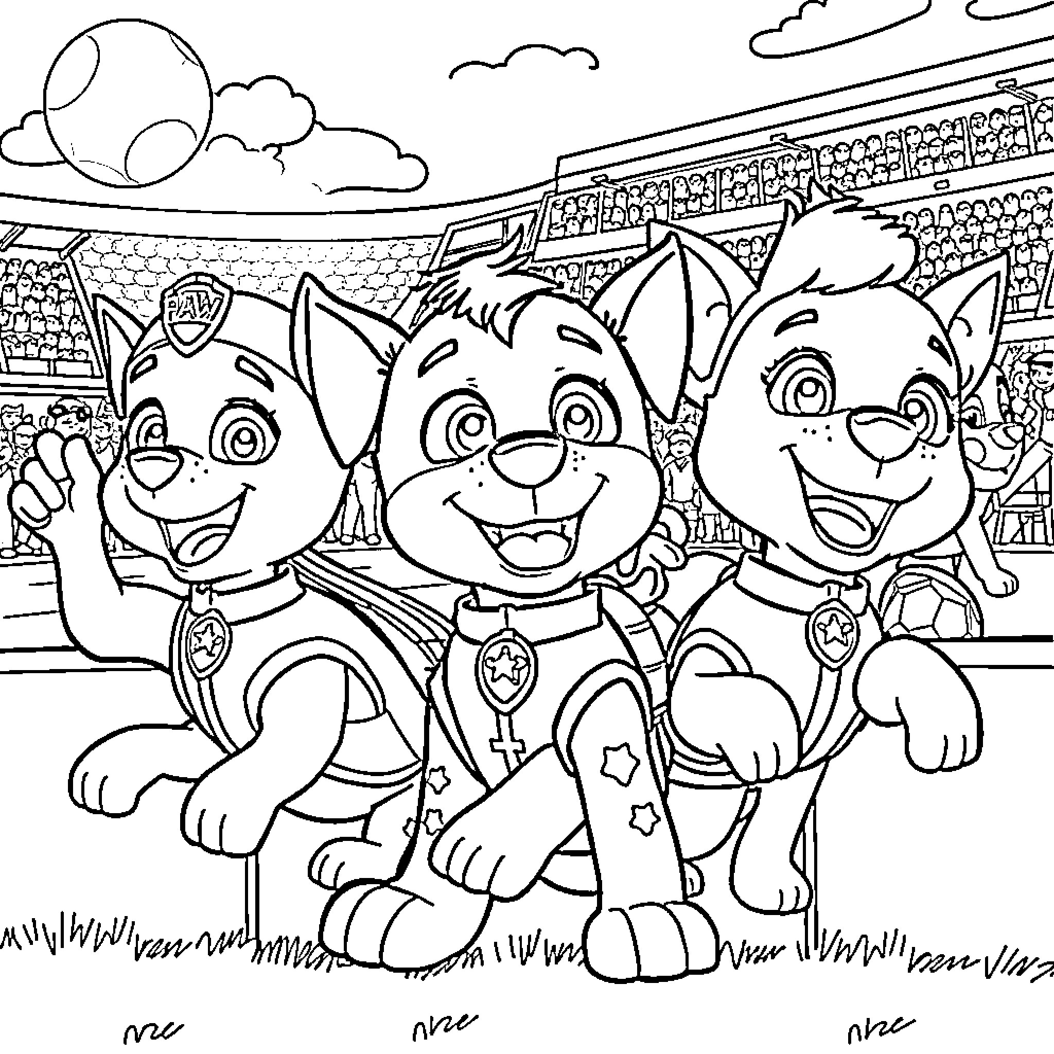 Paw Patrol Pups Celebrating at the Stadium Coloring Page (free black-and-white line drawing printable PDF for all, from beginners to advanced learners, including children, teens, adults, and seniors)