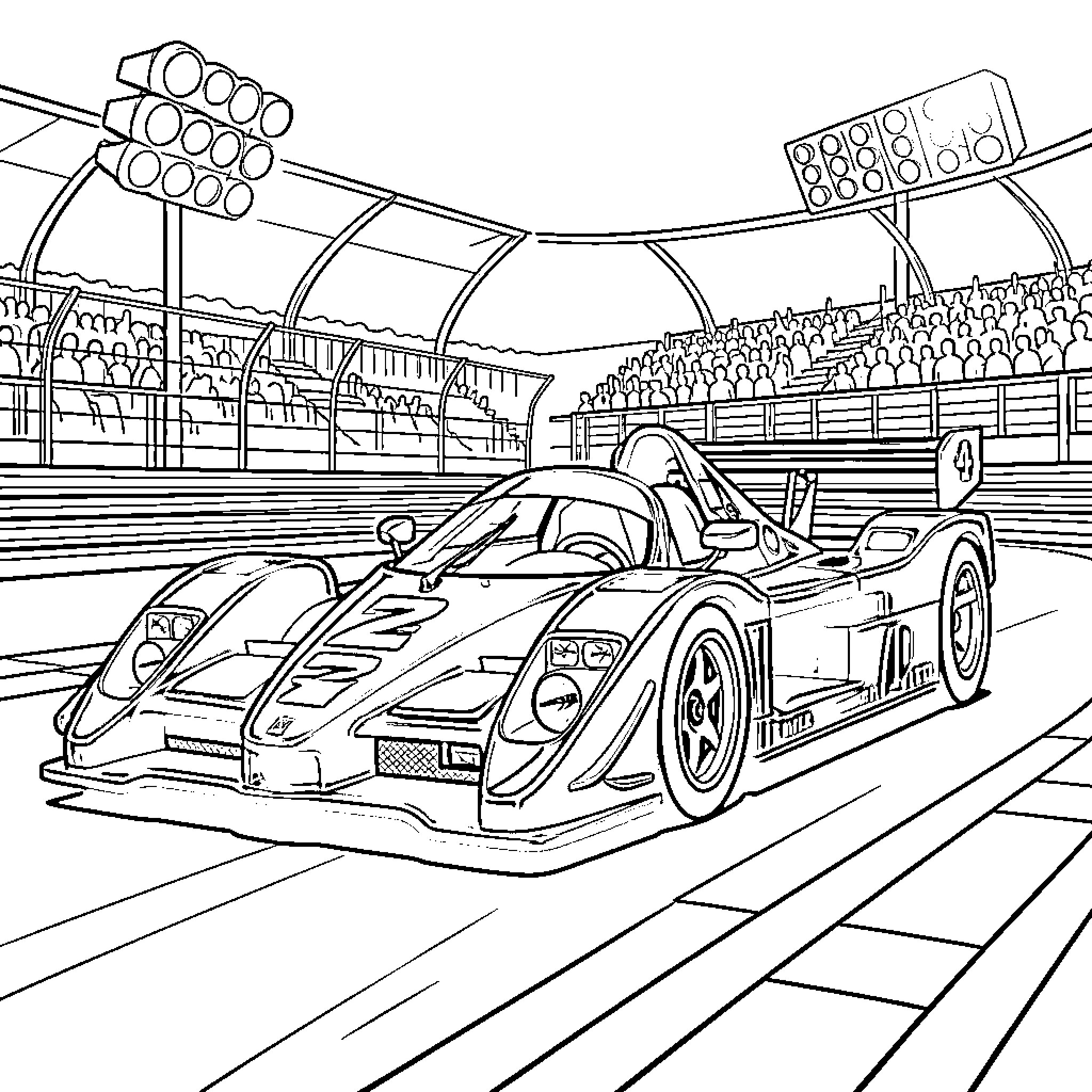 McLaren race car speeding on the track Coloring Page (free black-and-white line drawing printable PDF for all, from beginners to advanced learners, including children, teens, adults, and seniors)