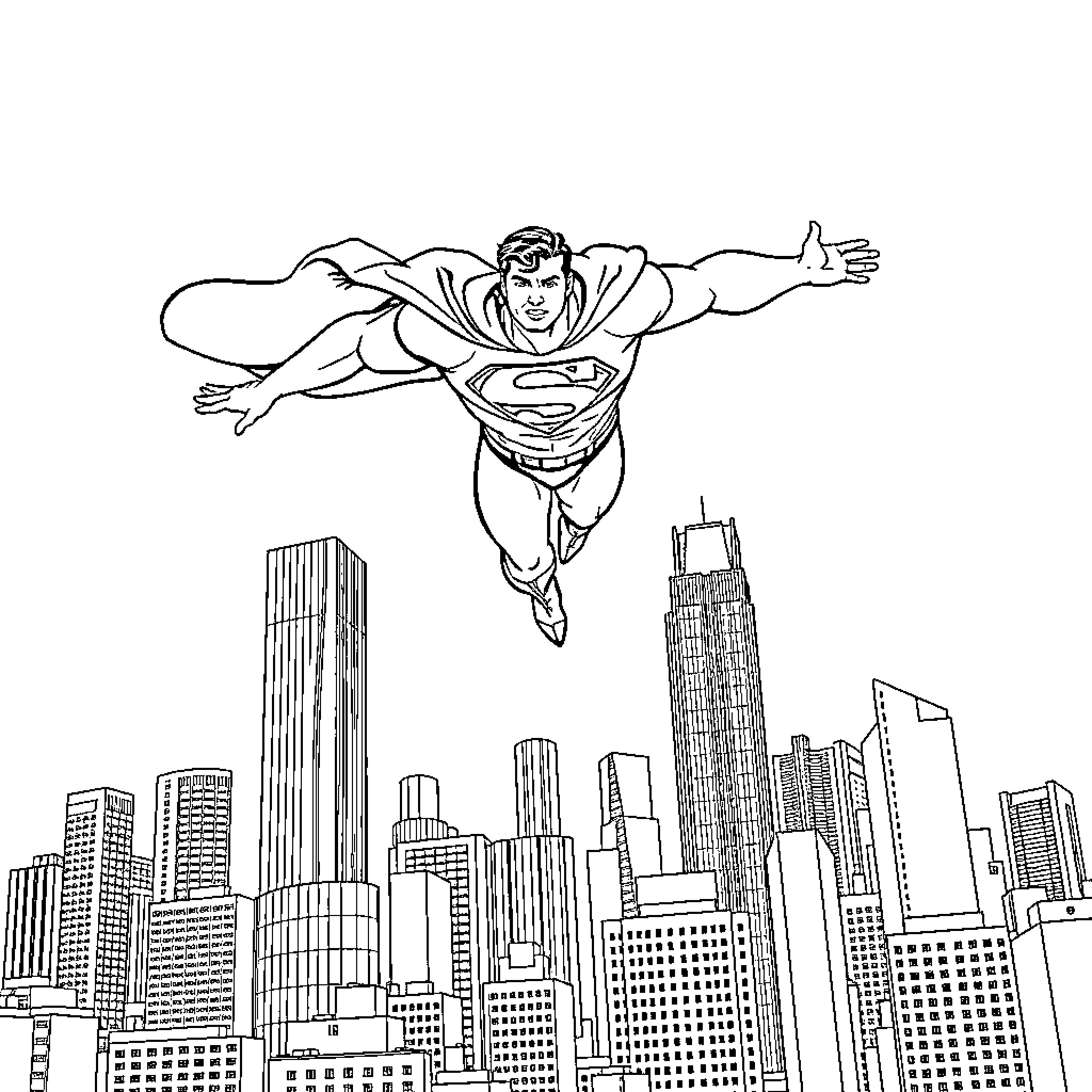 Superman soaring over the city skyline Coloring Page (free black-and-white line drawing printable PDF for all, from beginners to advanced learners, including children, teens, adults, and seniors)