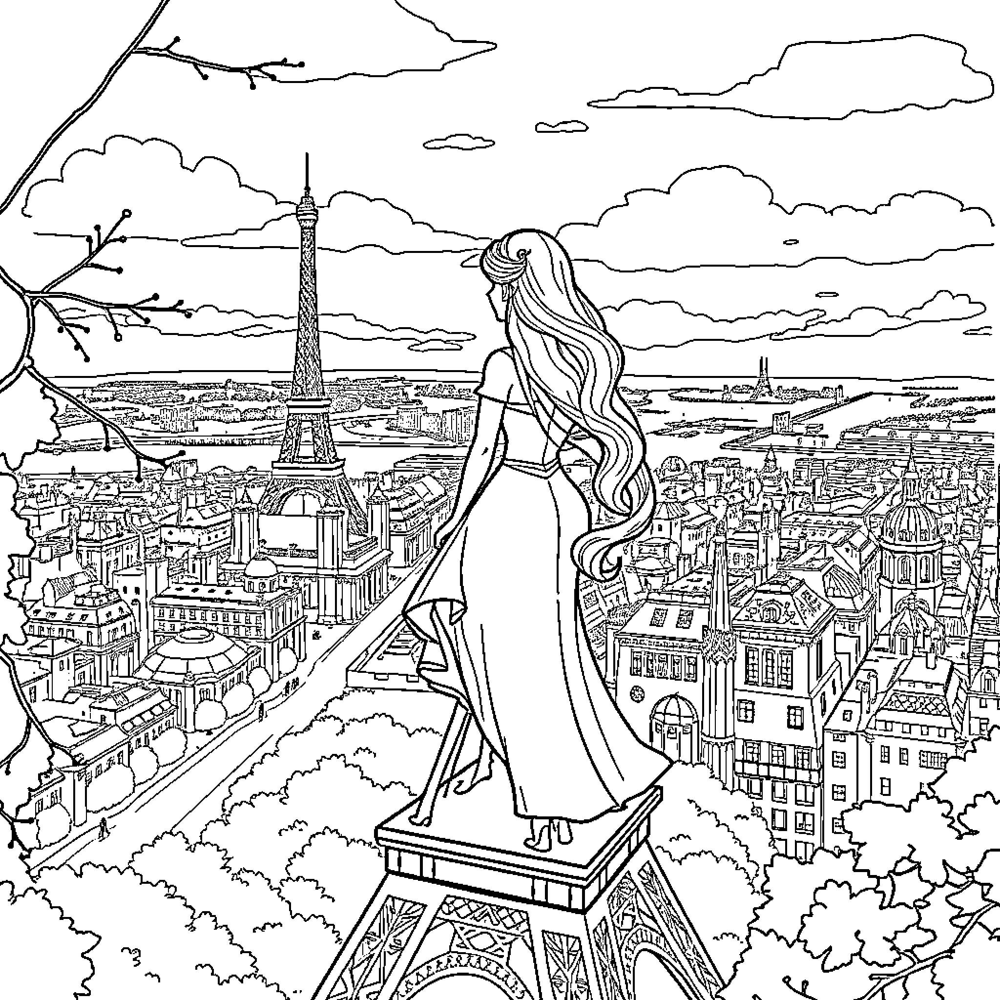Vaiana looking out over the Parisian cityscape Coloring Page (free black-and-white line drawing printable PDF for all, from beginners to advanced learners, including children, teens, adults, and seniors)