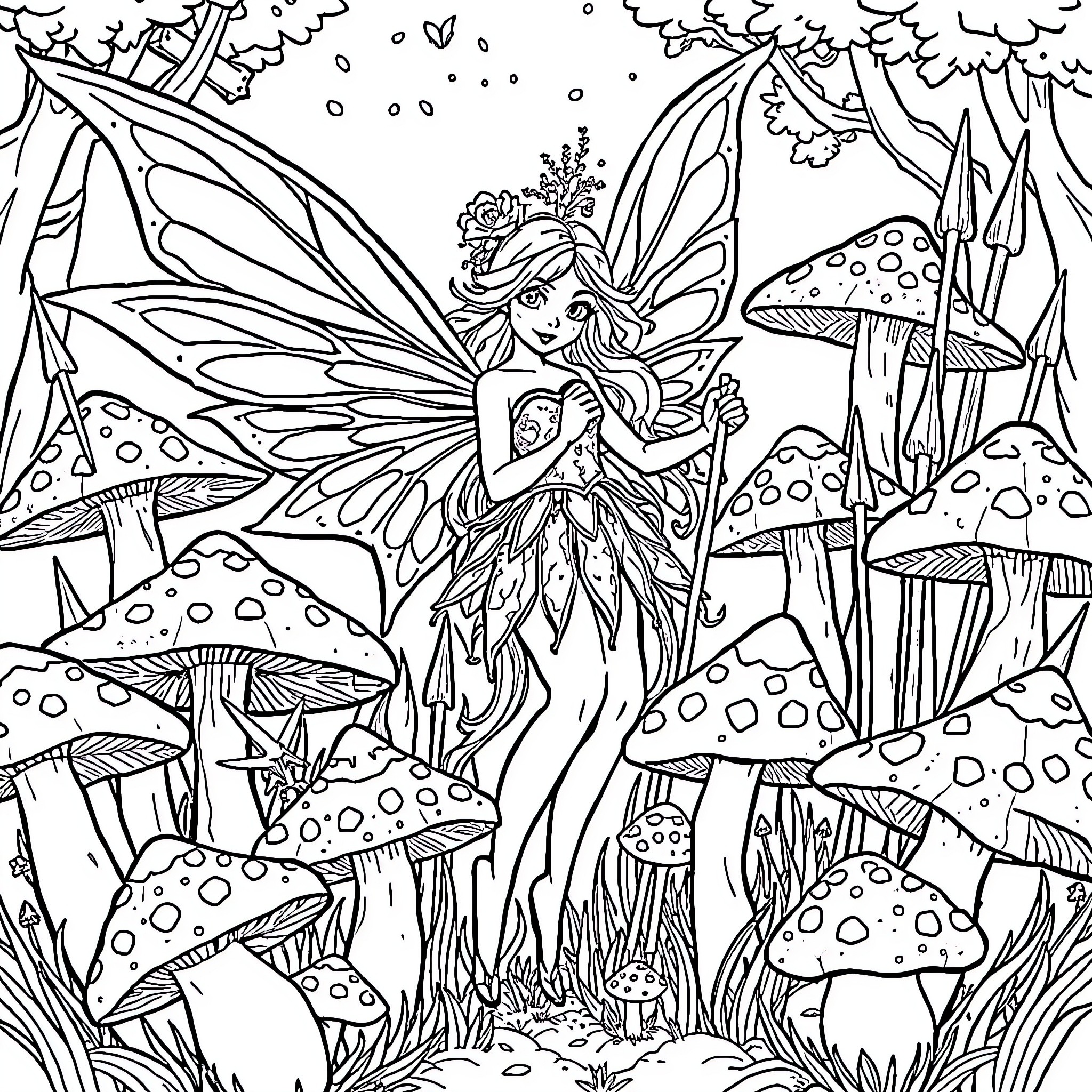 Fairy exploring whimsical forest with mushrooms Coloring Page (free black-and-white line drawing printable PDF for all, from beginners to advanced learners, including children, teens, adults, and seniors)