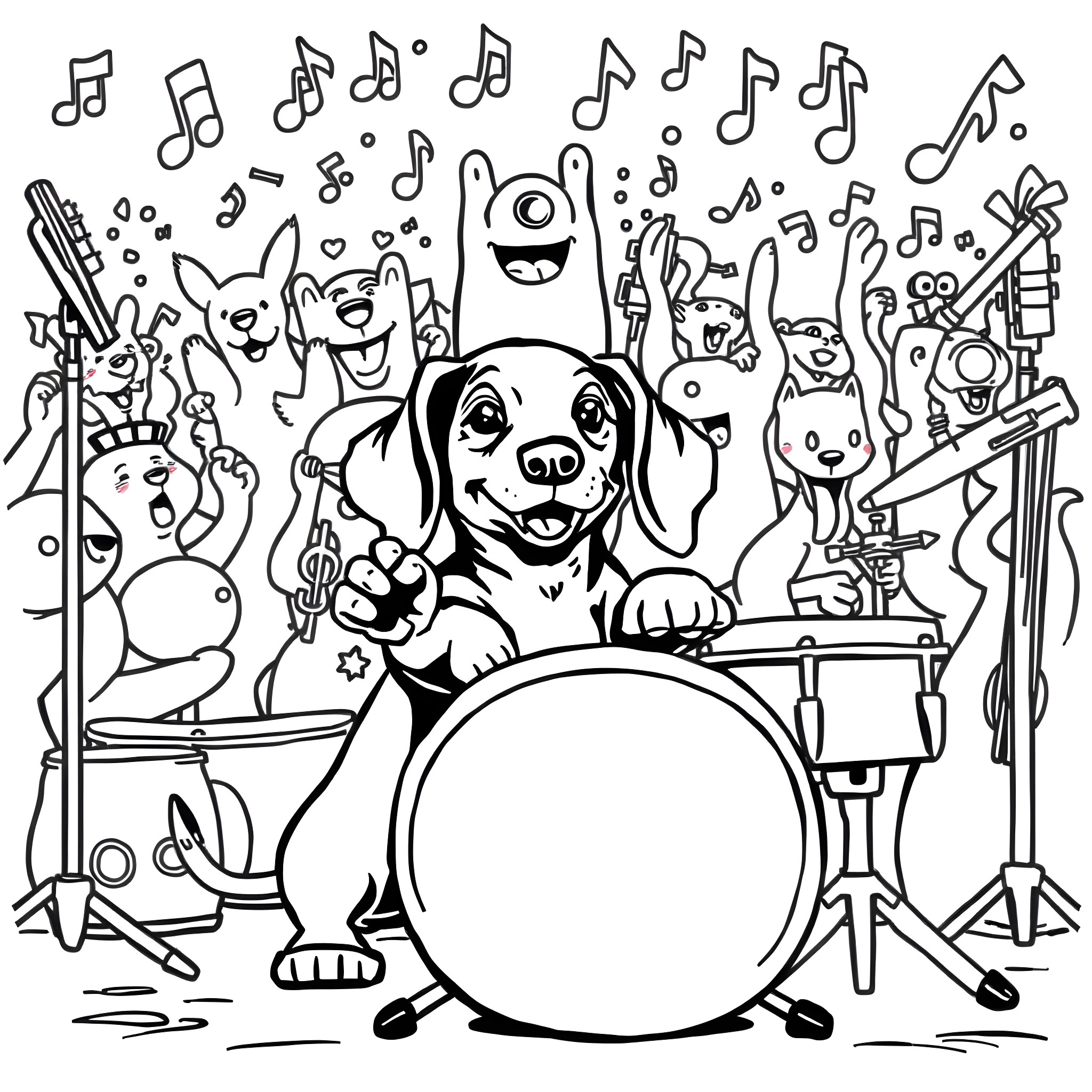 Dachshund playing musical instruments with friends Coloring Page (free black-and-white line drawing printable PDF for all, from beginners to advanced learners, including children, teens, adults, and seniors)