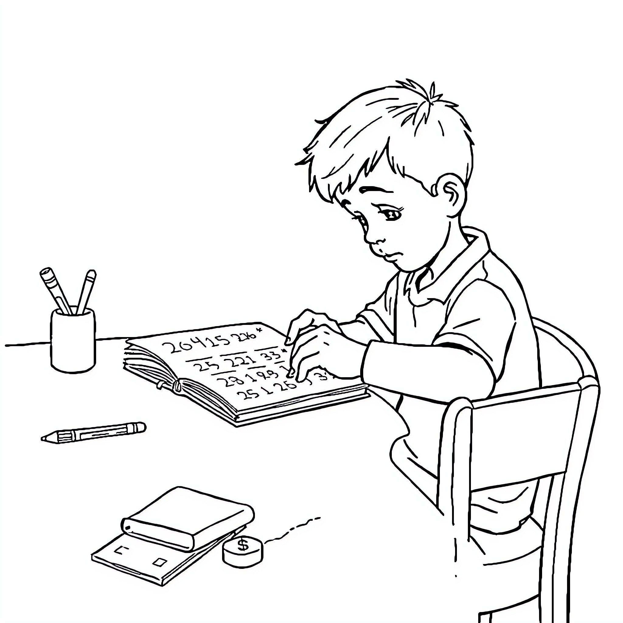 Boy studying diligently at his desk Coloring Page (free black-and-white line drawing printable PDF for all, from beginners to advanced learners, including children, teens, adults, and seniors)