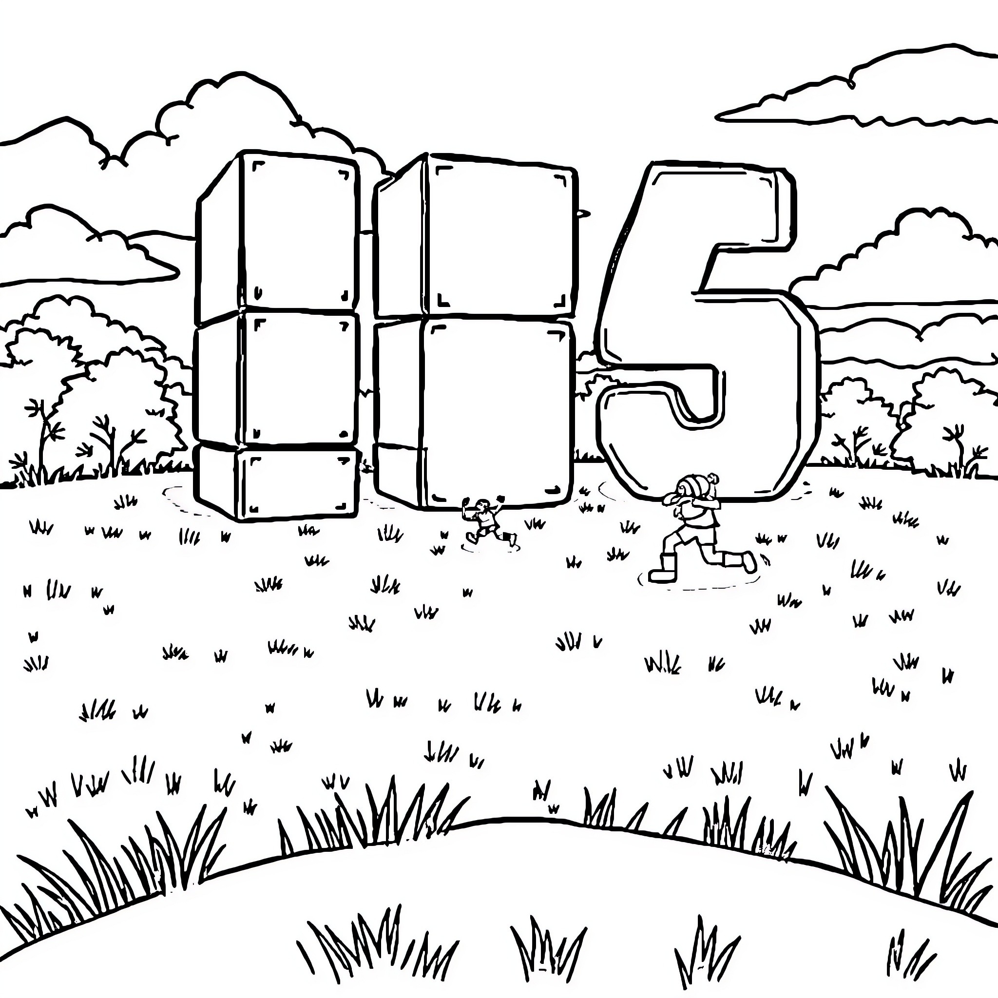 Number Block Character Exploring Nature Scenery Coloring Page (free black-and-white line drawing printable PDF for all, from beginners to advanced learners, including children, teens, adults, and seniors)