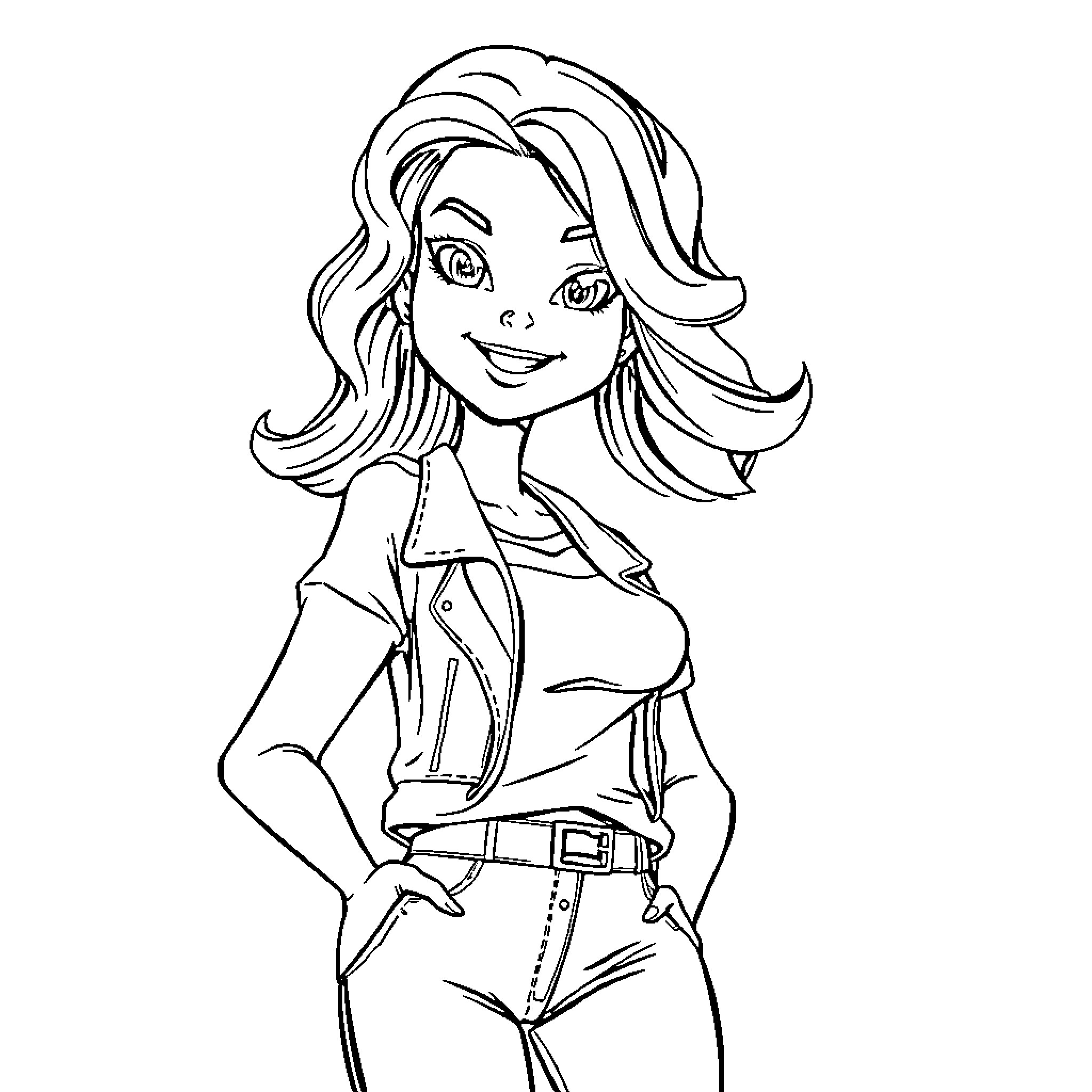 Girl with Stylish Outfit and Confident Expression Coloring Page (free black-and-white line drawing printable PDF for all, from beginners to advanced learners, including children, teens, adults, and seniors)