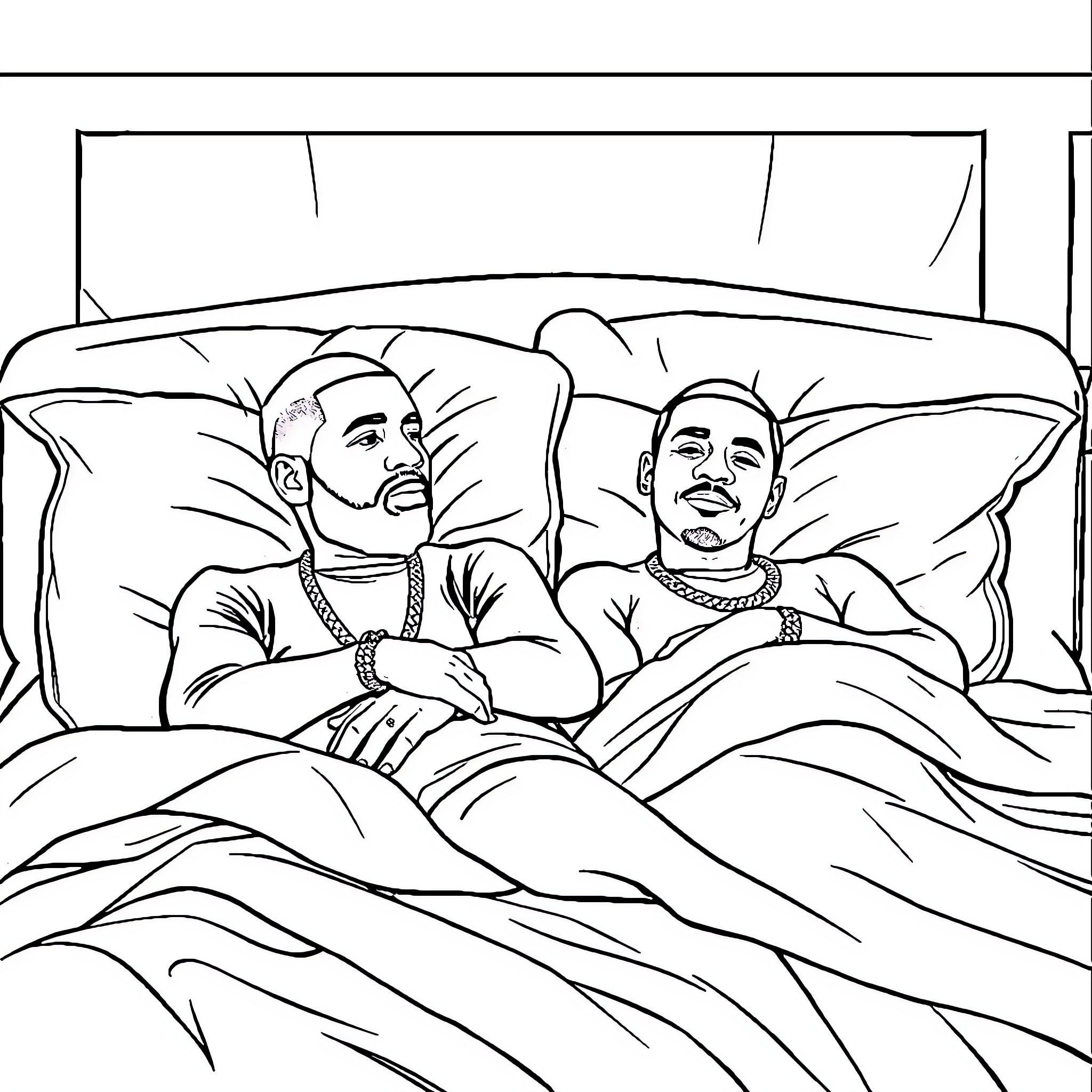 Drake relaxing with a friend on the bed Coloring Page (free black-and-white line drawing printable PDF for all, from beginners to advanced learners, including children, teens, adults, and seniors)